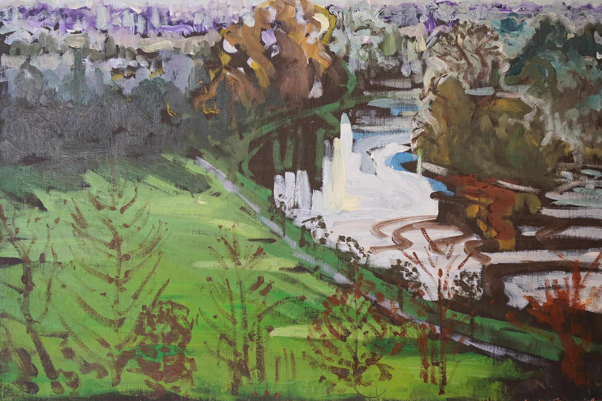 A painting of a landscape with a river running through it.