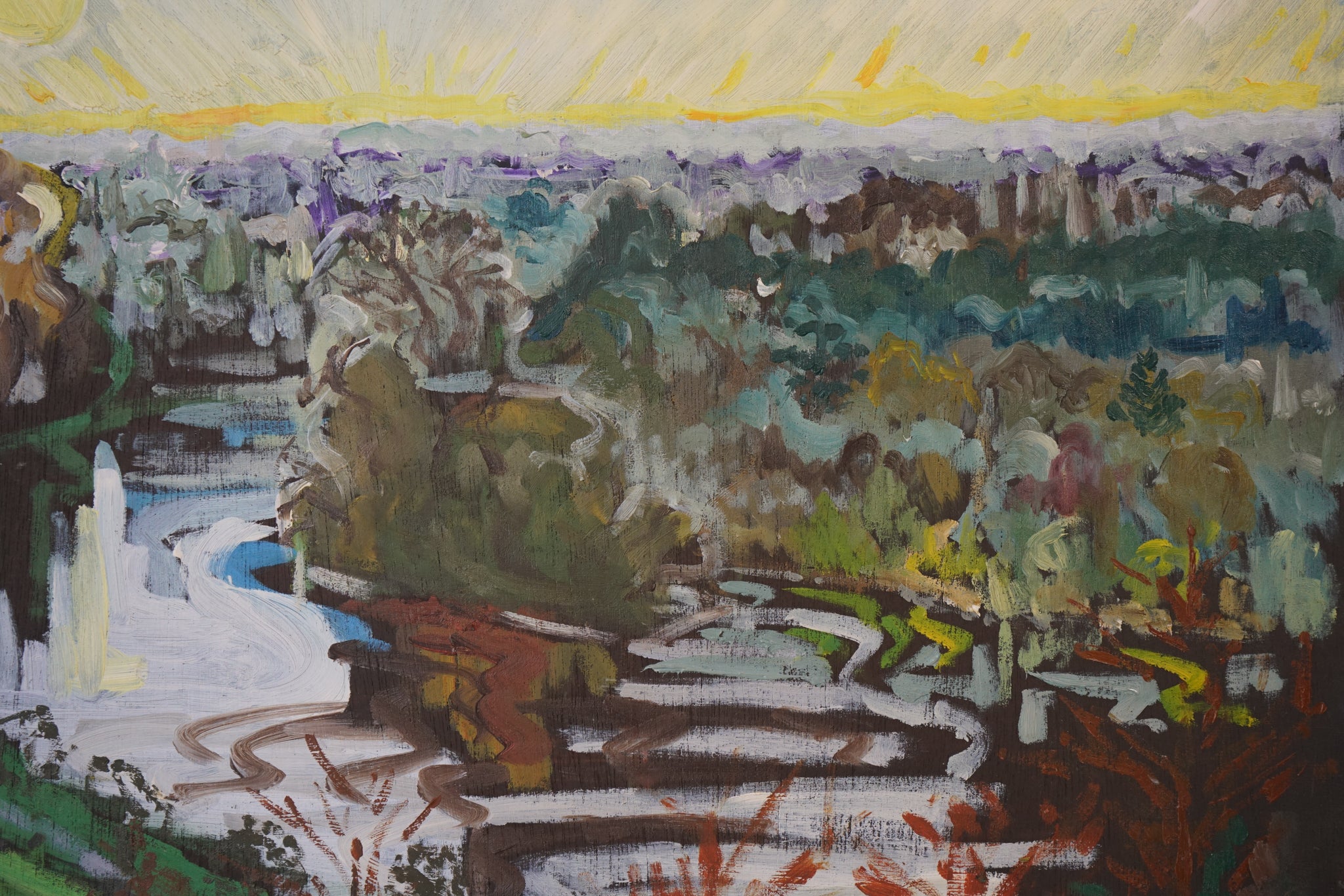 A painting of a landscape with a river running through it.