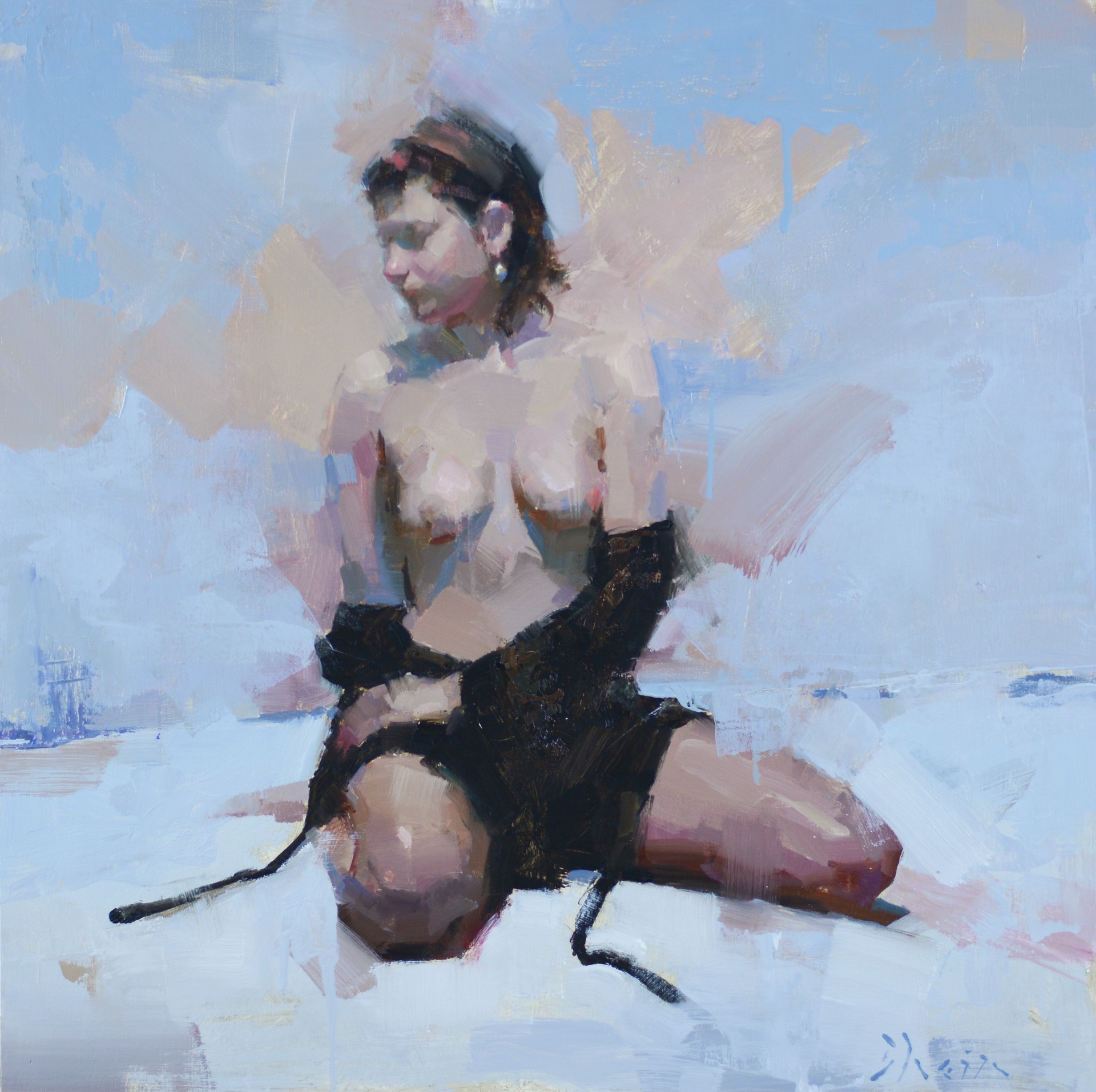 A painting of a woman sitting on the ground.