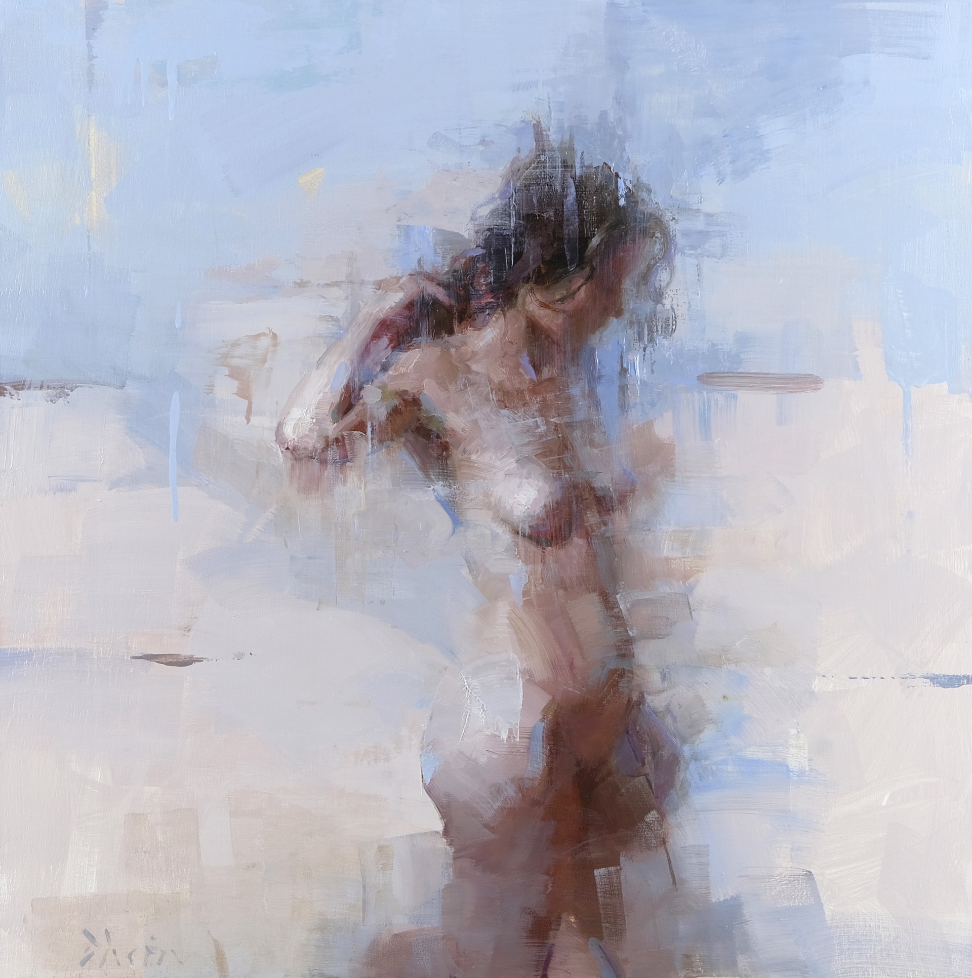 A painting of a nude woman standing in the snow.