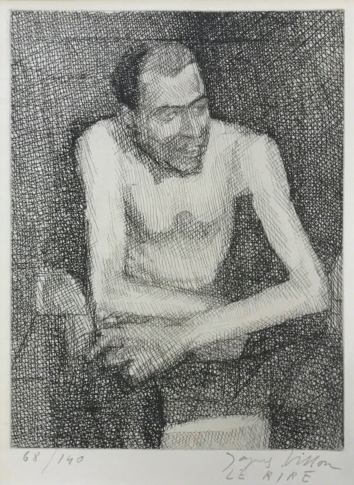 A black and white drawing of a man sitting on a chair.
