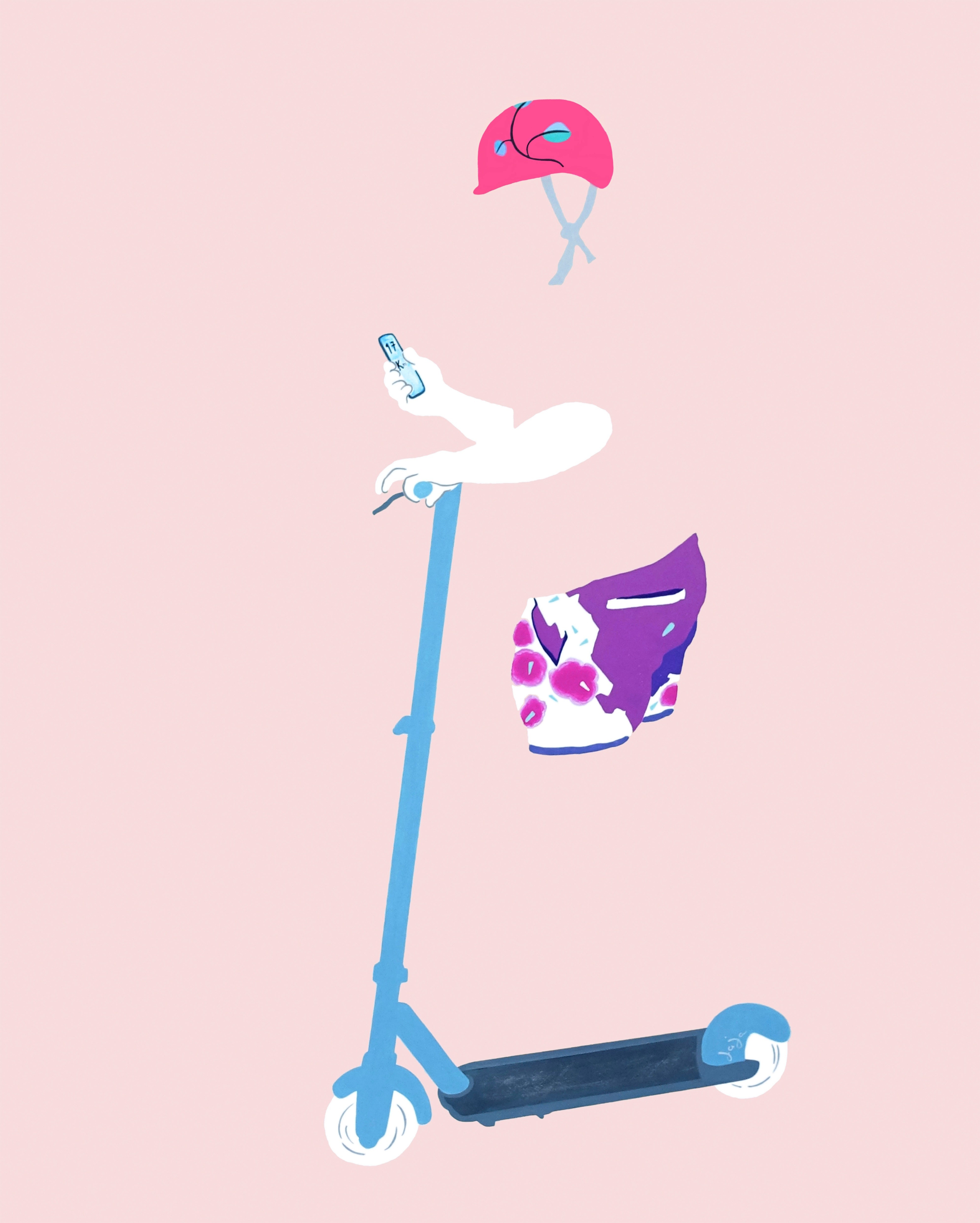 A person riding a scooter with a helmet on it.