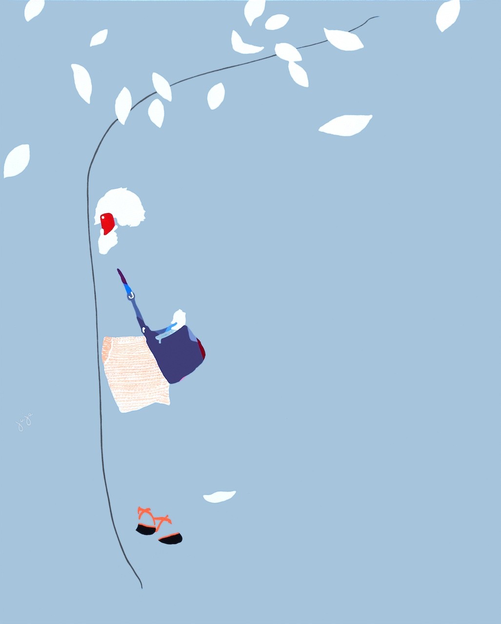A person hanging from a tree branch with a bag on it.