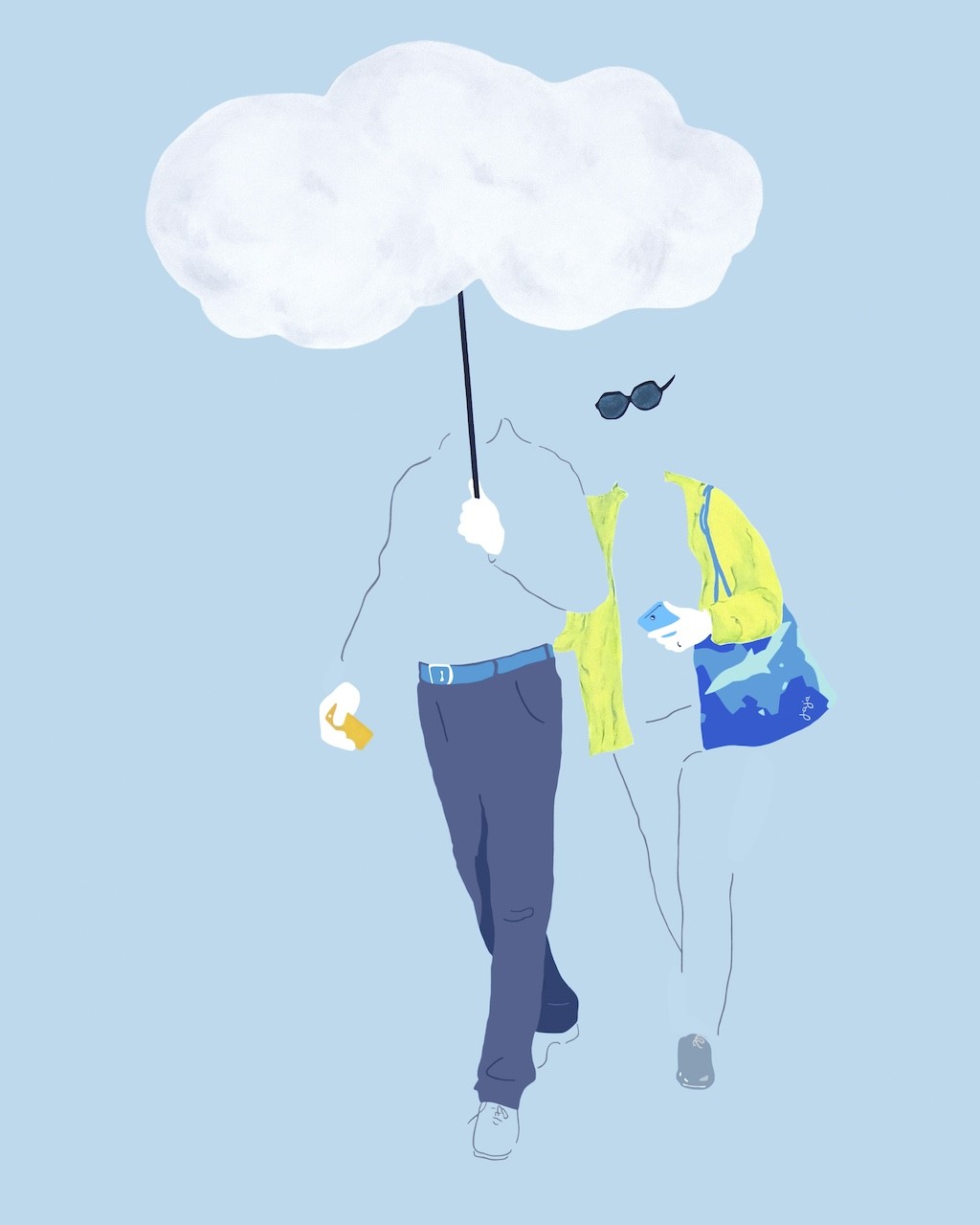 A whimsical illustration of two figures walking under a cloud umbrella, blending everyday objects with surreal imagery.
