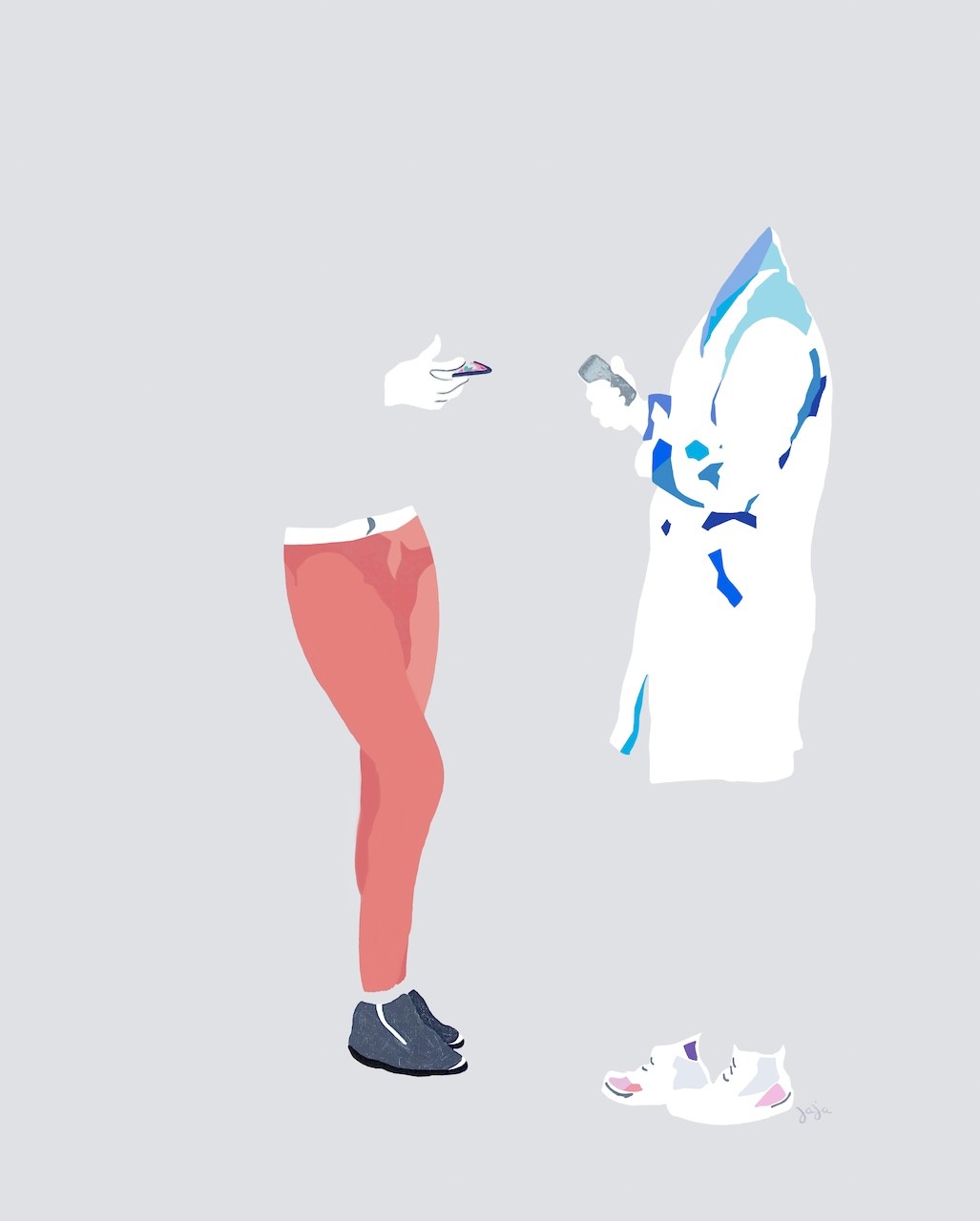 A fragmented figure composed of scattered body parts against a neutral background.