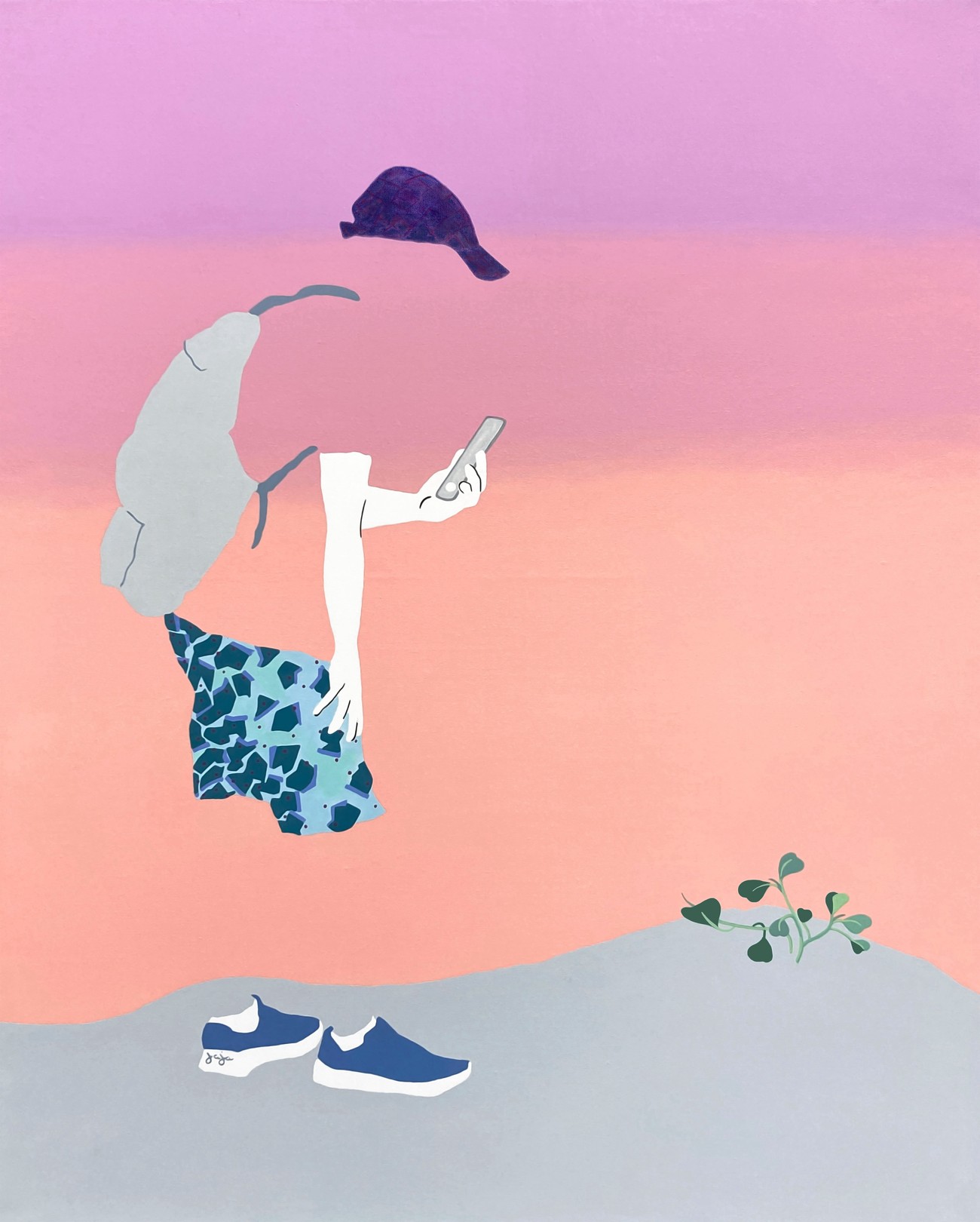 A floating figure in a colorful landscape holding a phone, with shoes and a plant on the ground.