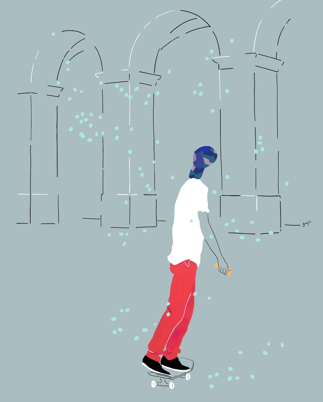 A stylized figure on a skateboard glides through an architectural space filled with floating dots.