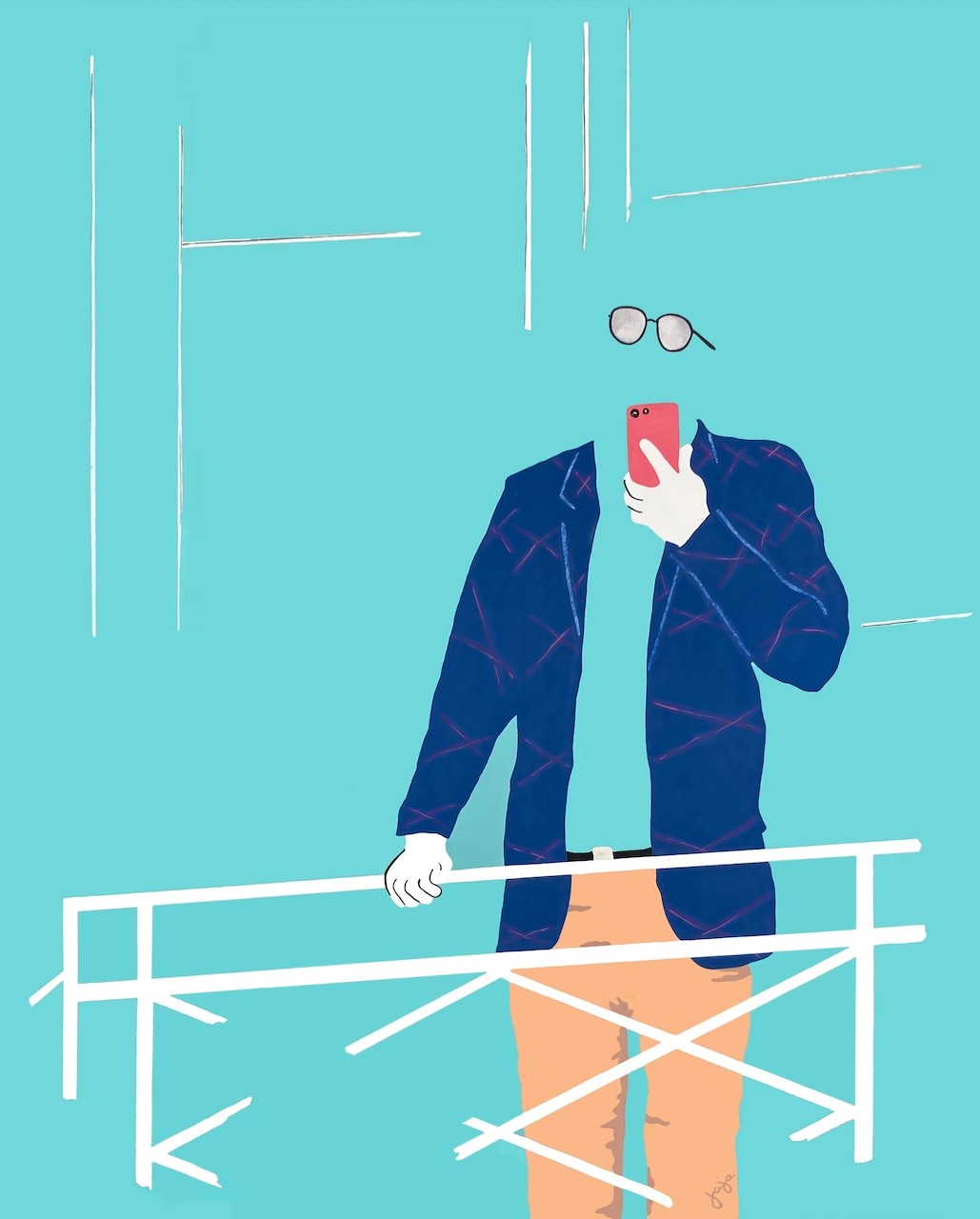 A stylized illustration of a figure in a blue jacket and tan pants holding a red phone, with glasses floating above their head against a teal background.
