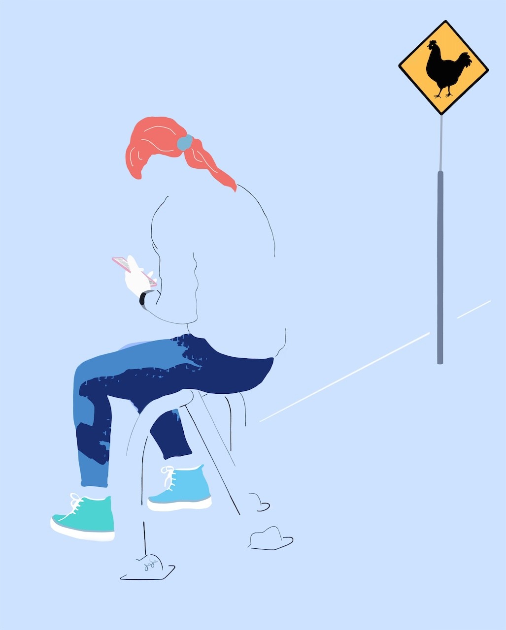 A stylized illustration of a person sitting and looking at a phone, with a road sign nearby.