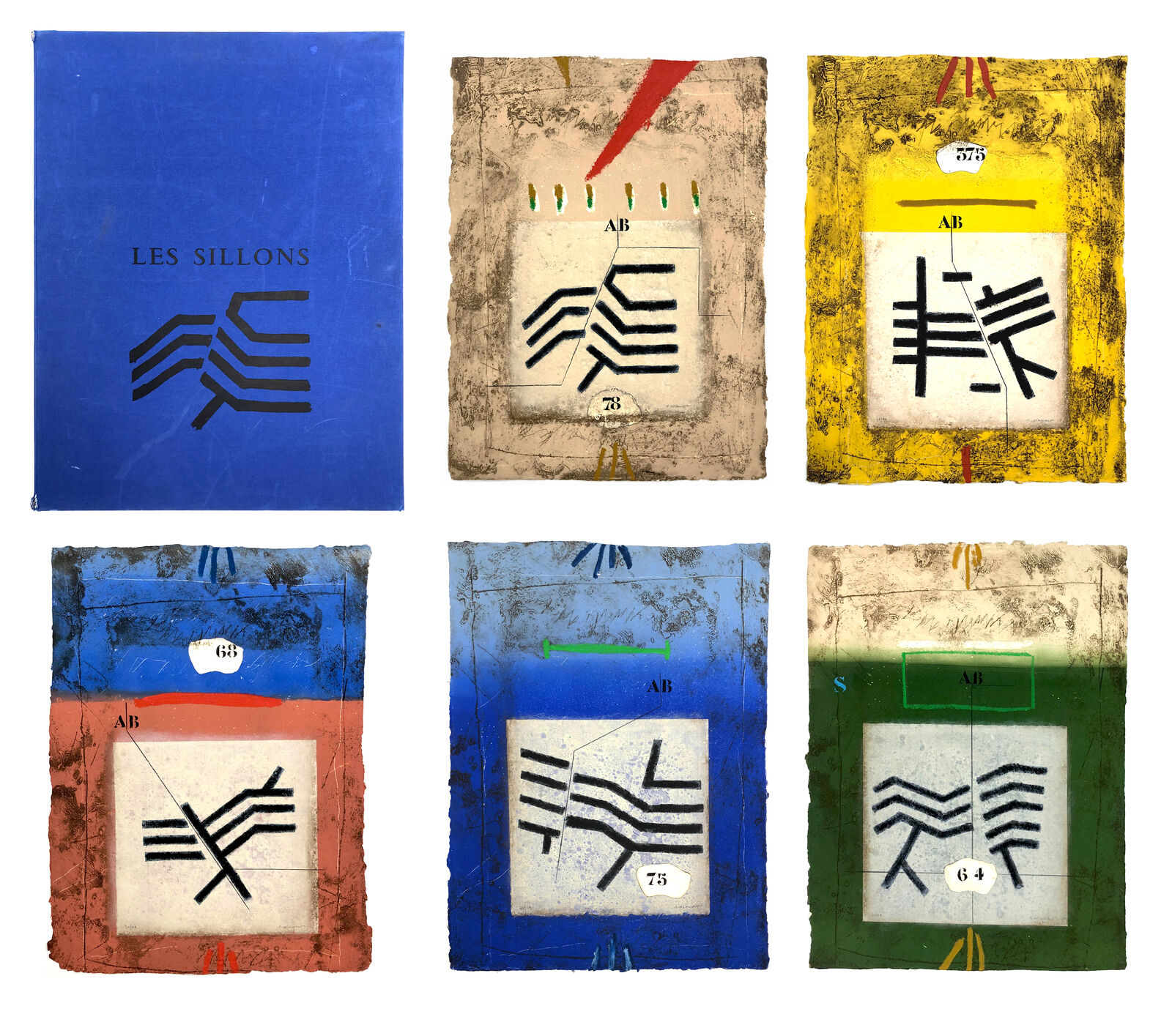 A set of six books with different designs on them.