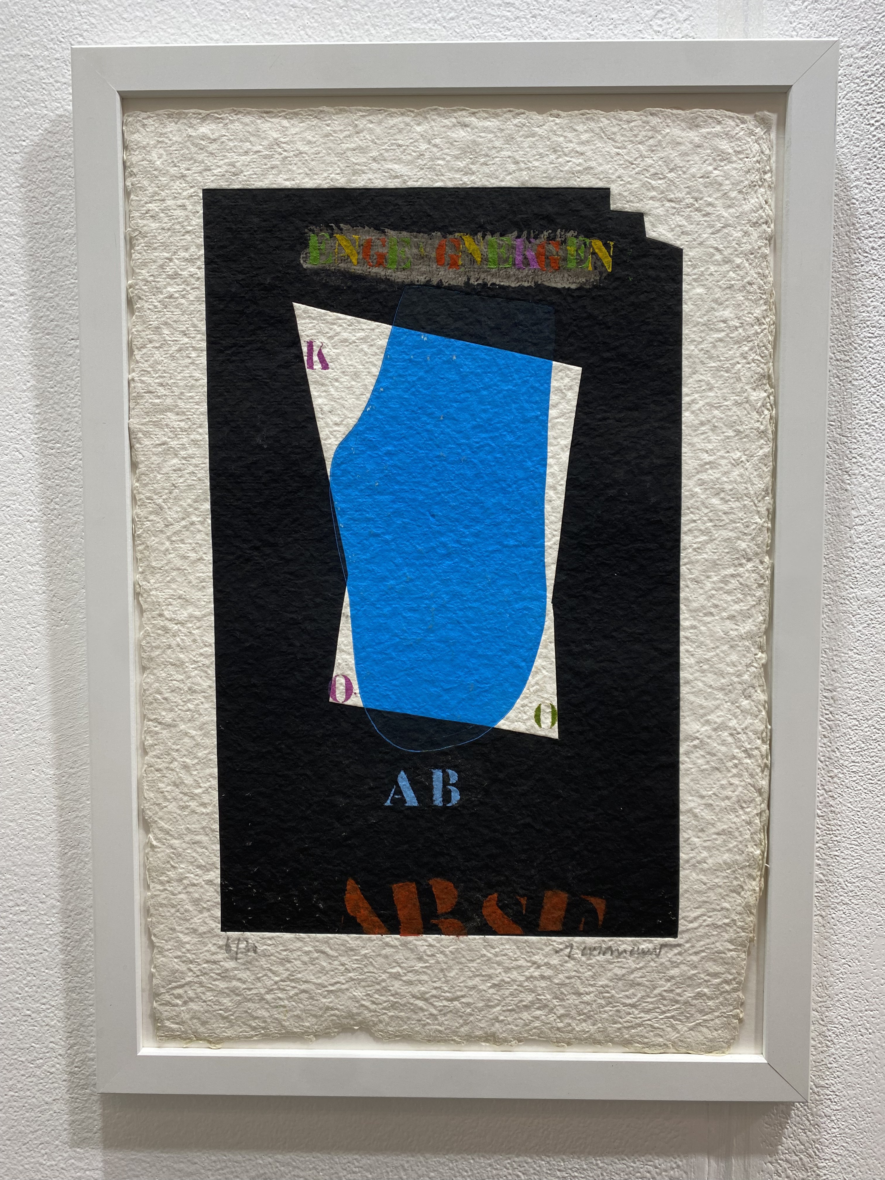 A layered collage featuring a bold blue shape against a dark background with colorful text elements.