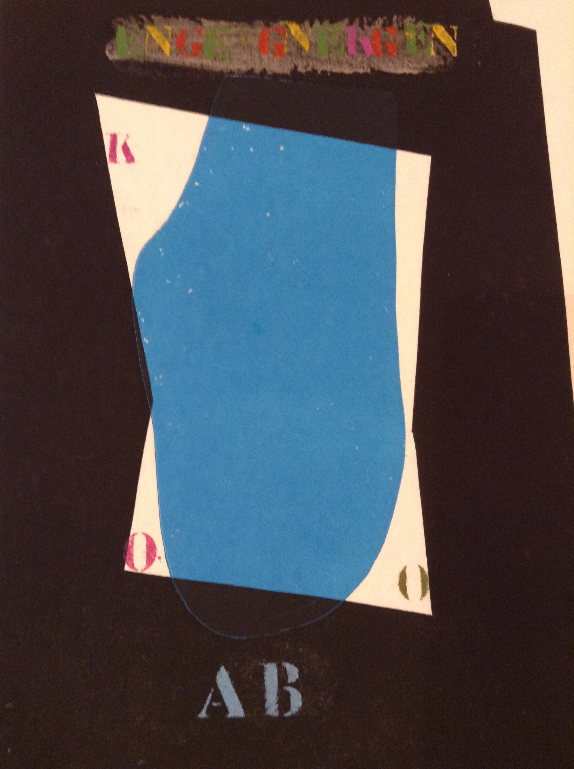A layered collage featuring a bold blue shape against a dark background with colorful text elements.