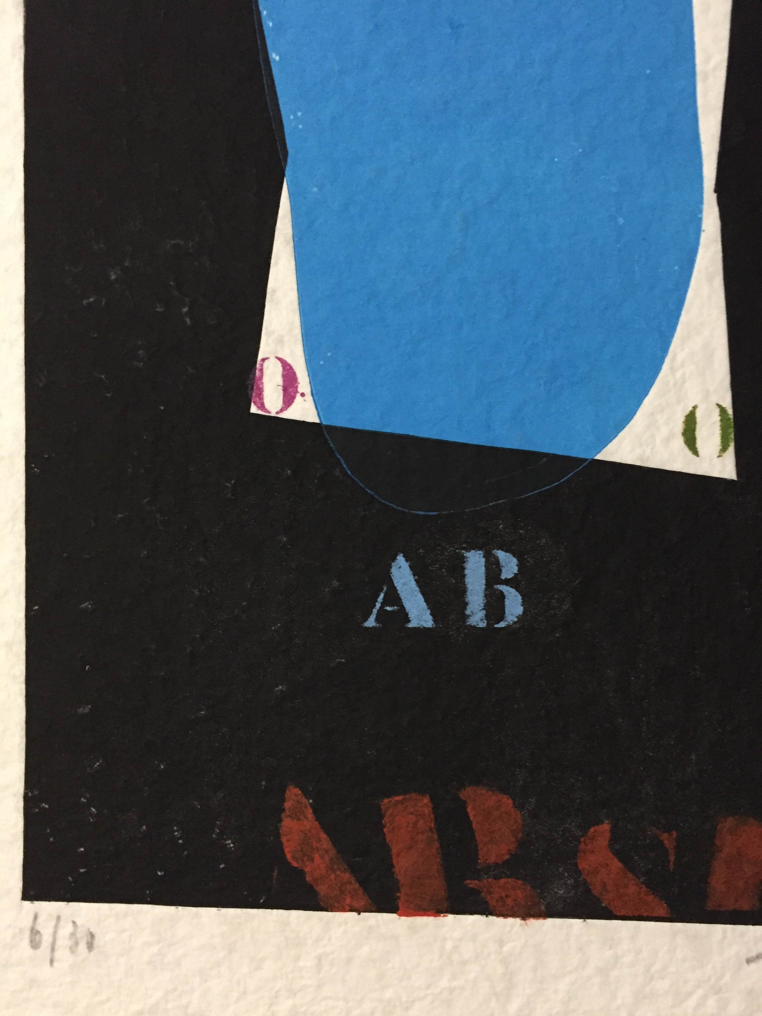 A layered collage featuring a bold blue shape against a dark background with colorful text elements.