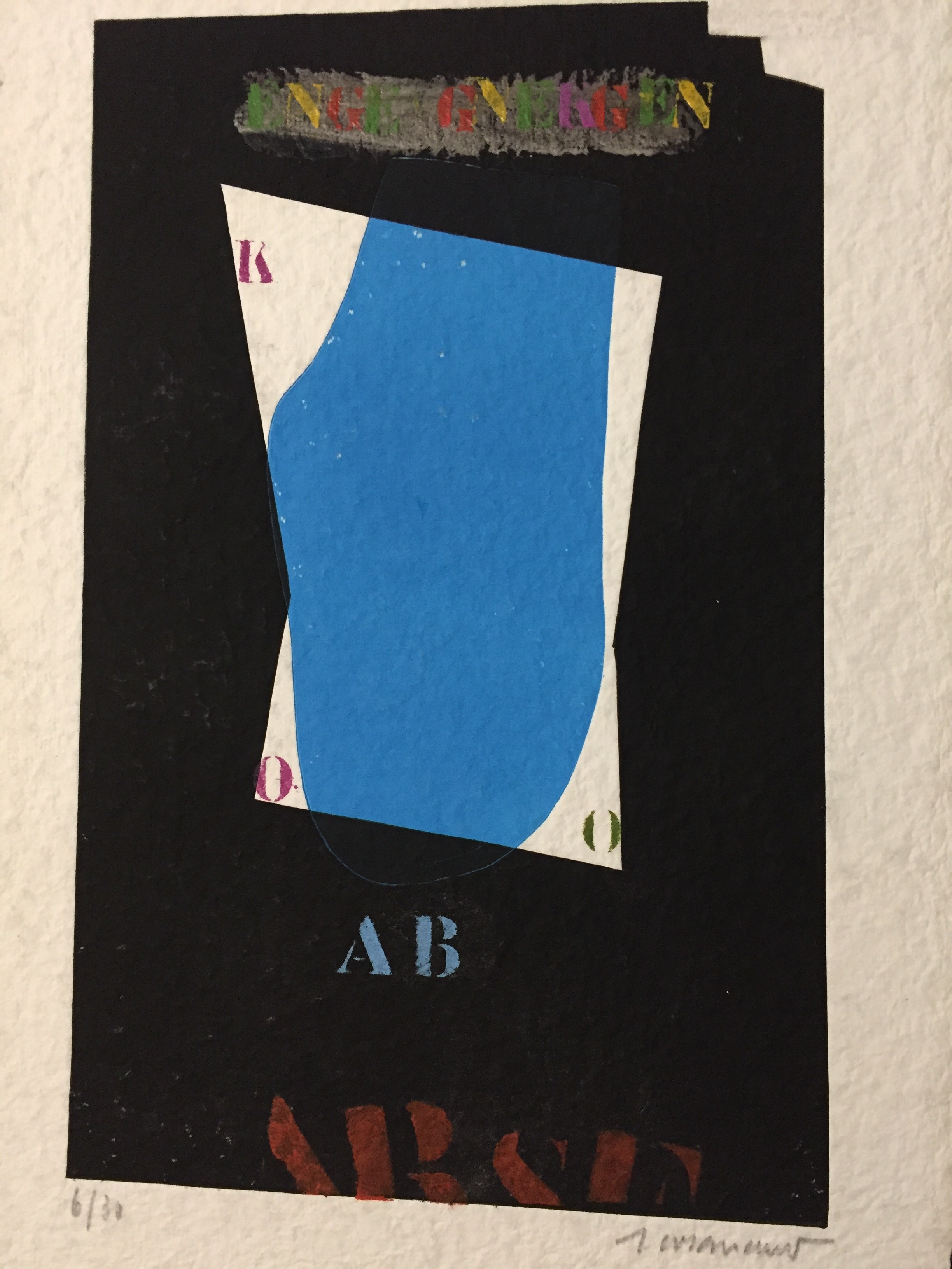 A layered collage featuring a bold blue shape against a dark background with colorful text elements.