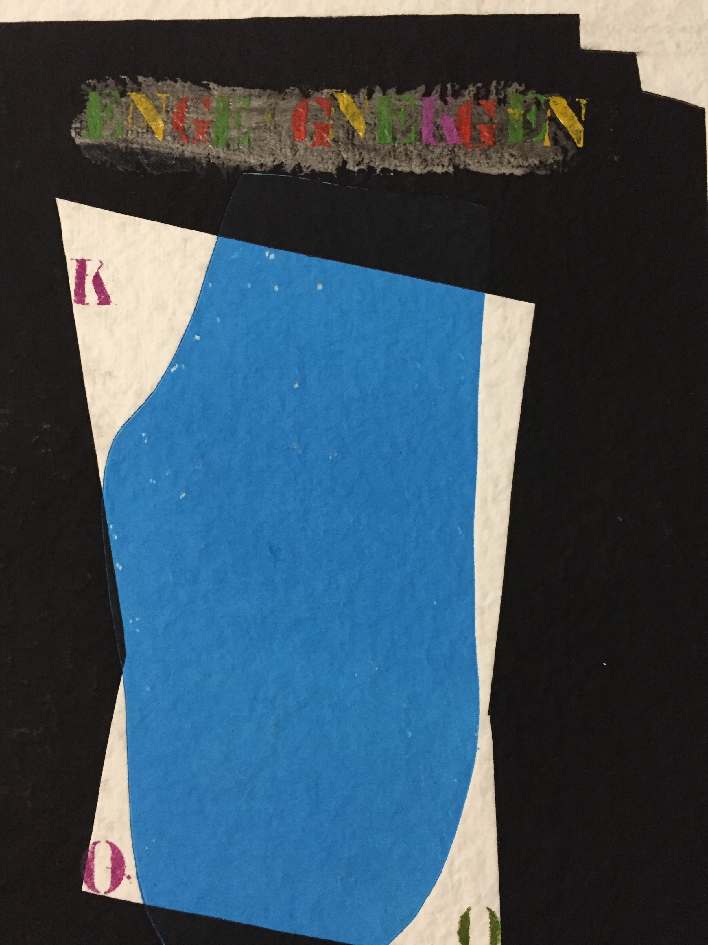 A layered collage featuring a bold blue shape against a dark background with colorful text elements.