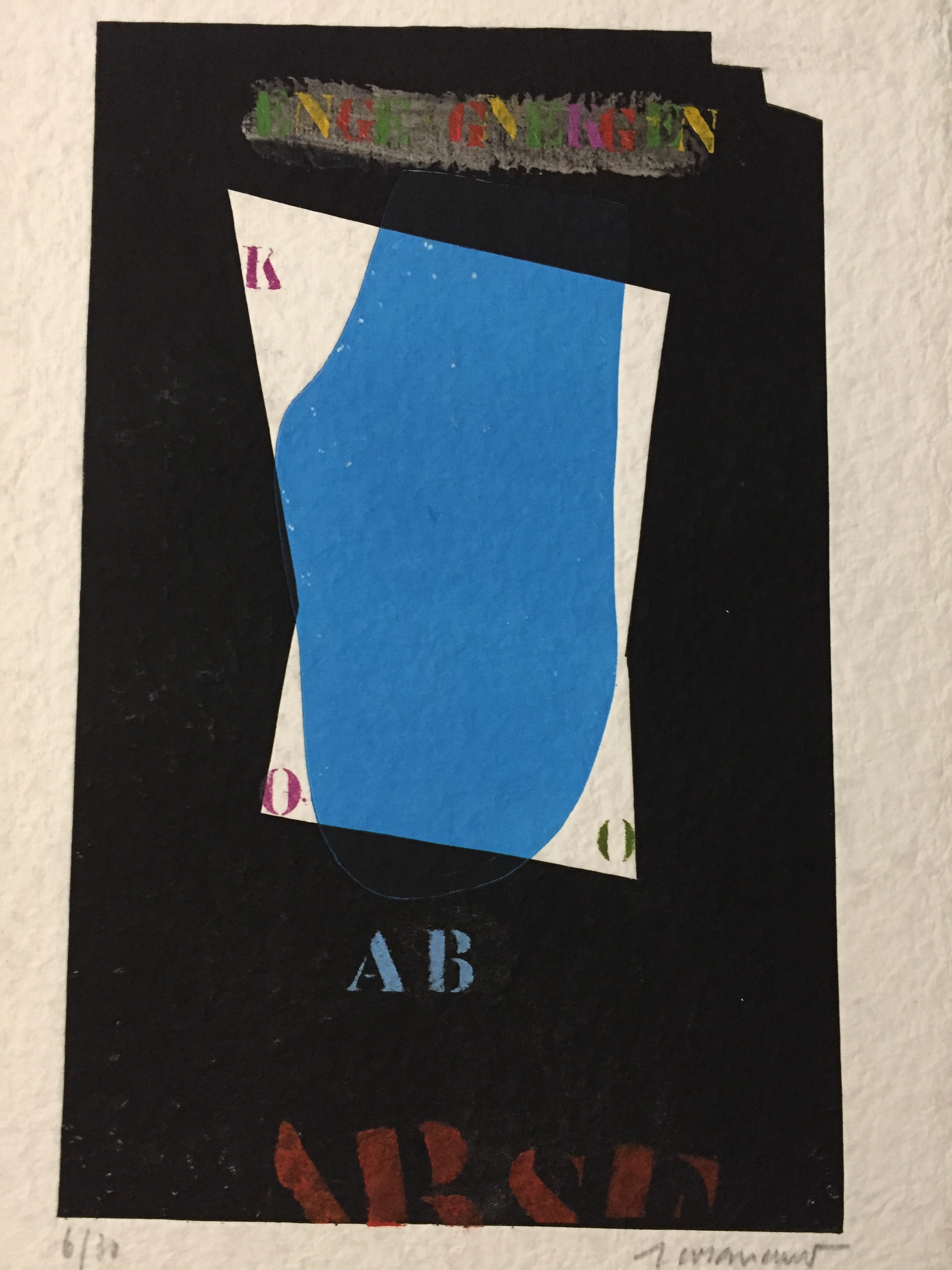 A layered collage featuring a bold blue shape against a dark background with colorful text elements.