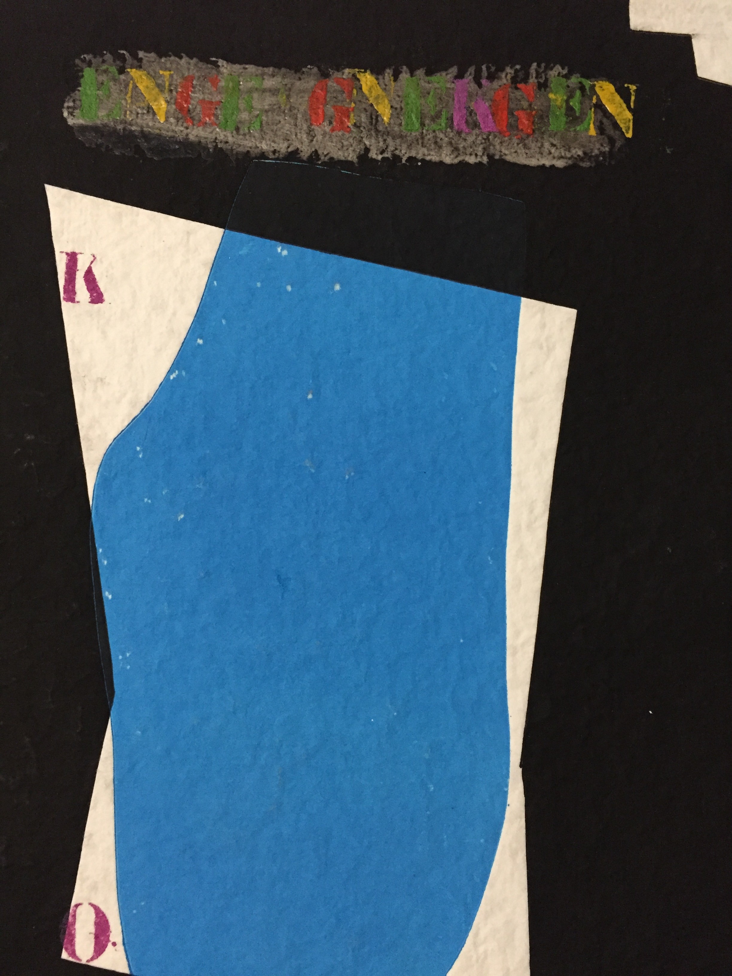 A layered collage featuring a bold blue shape against a dark background with colorful text elements.