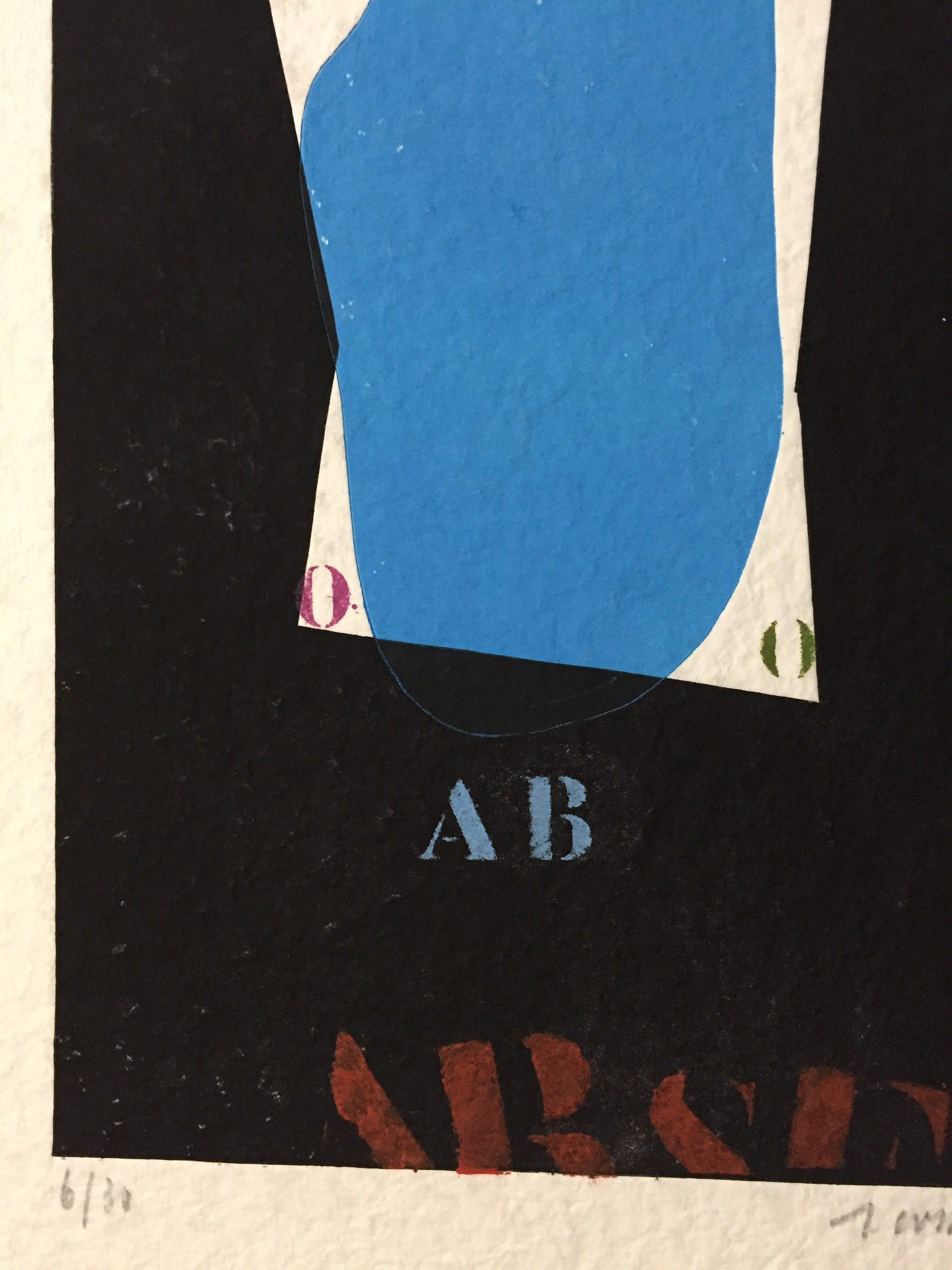 A layered collage featuring a bold blue shape against a dark background with colorful text elements.
