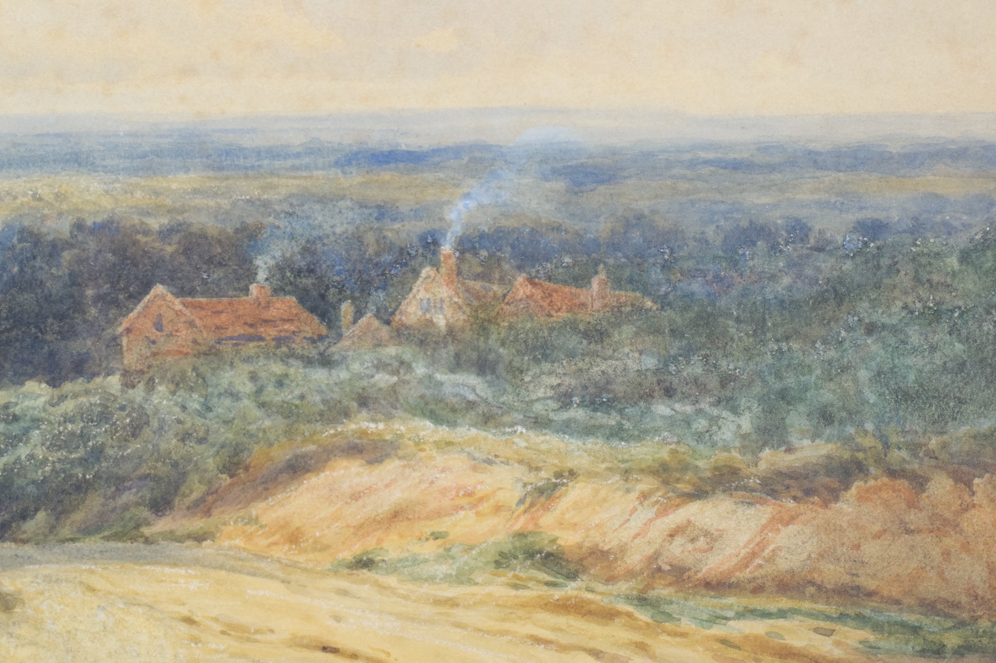 A painting of a landscape with a house in the distance.