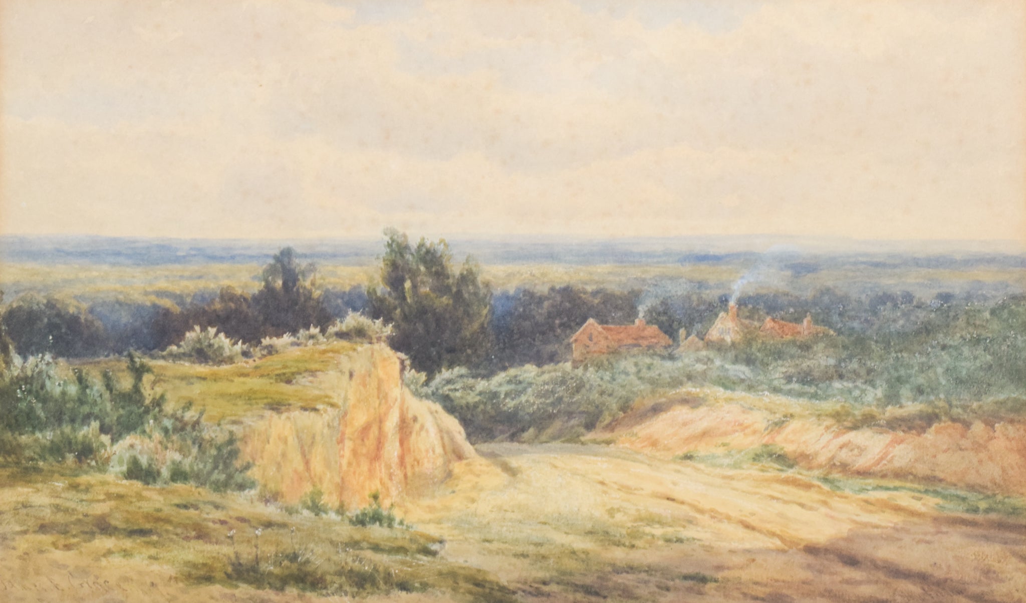 A painting of a landscape with a house in the distance.