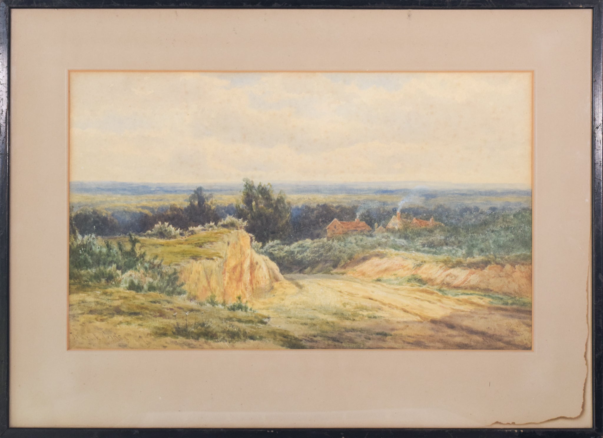 A painting of a landscape with a house in the distance.