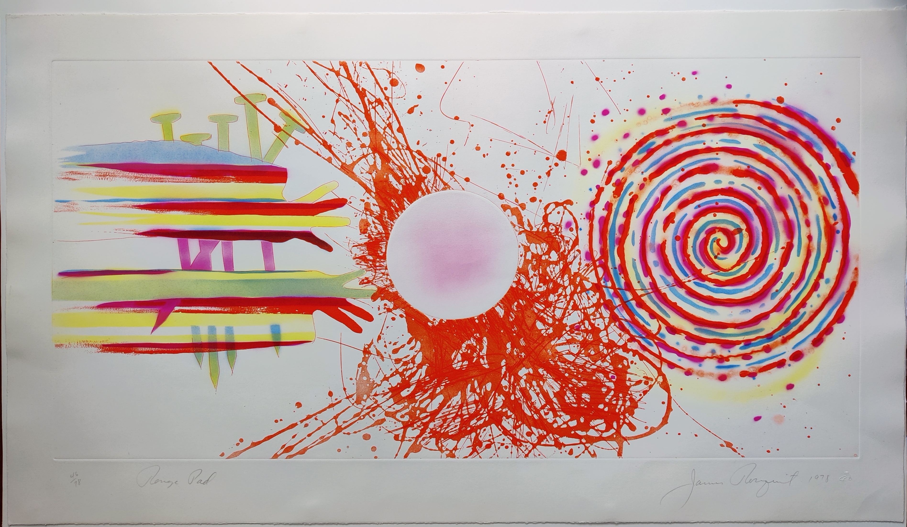 A painting of a colorful abstract painting on a white wall.