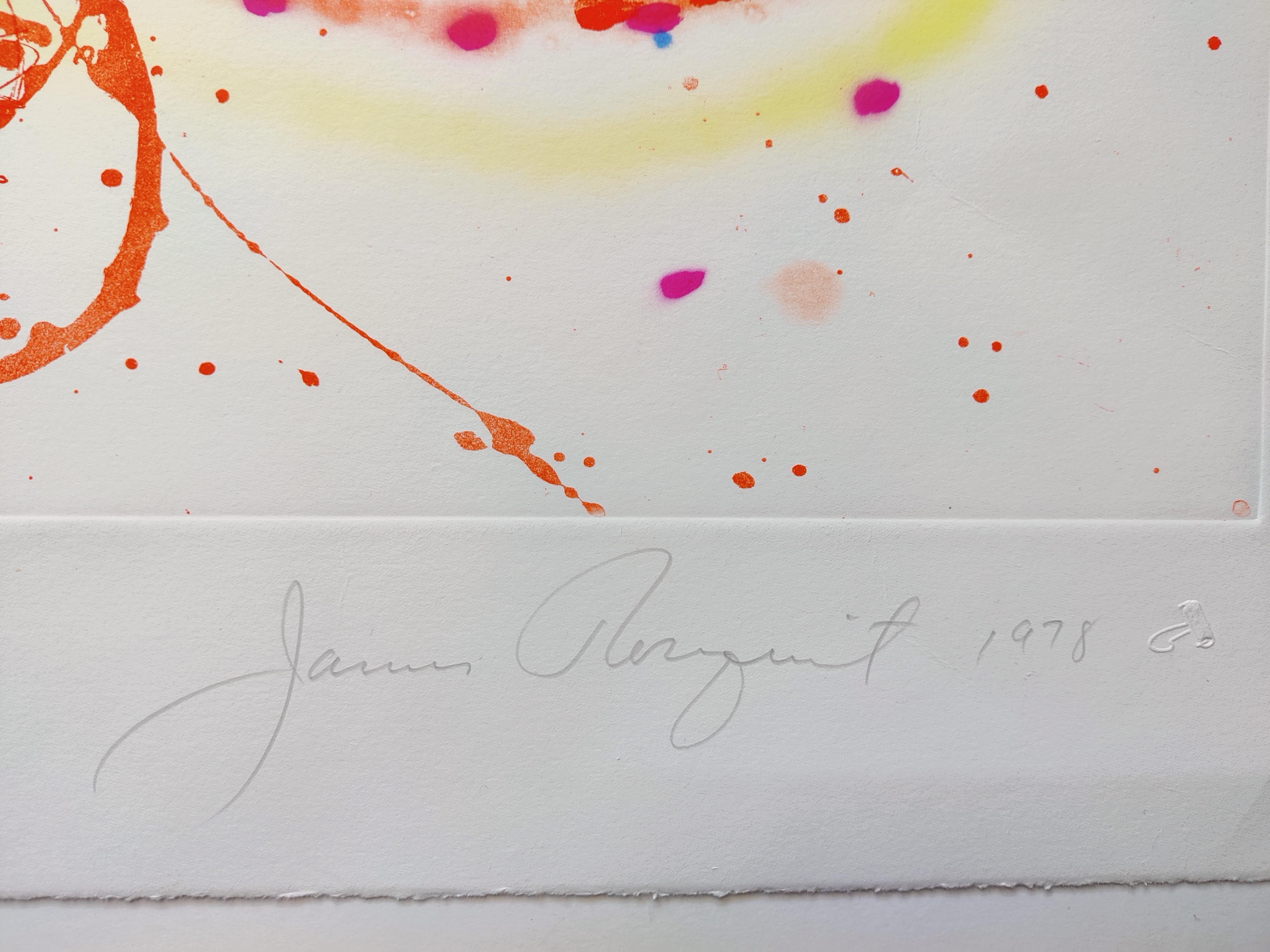 A painting of a colorful abstract painting on a white wall.