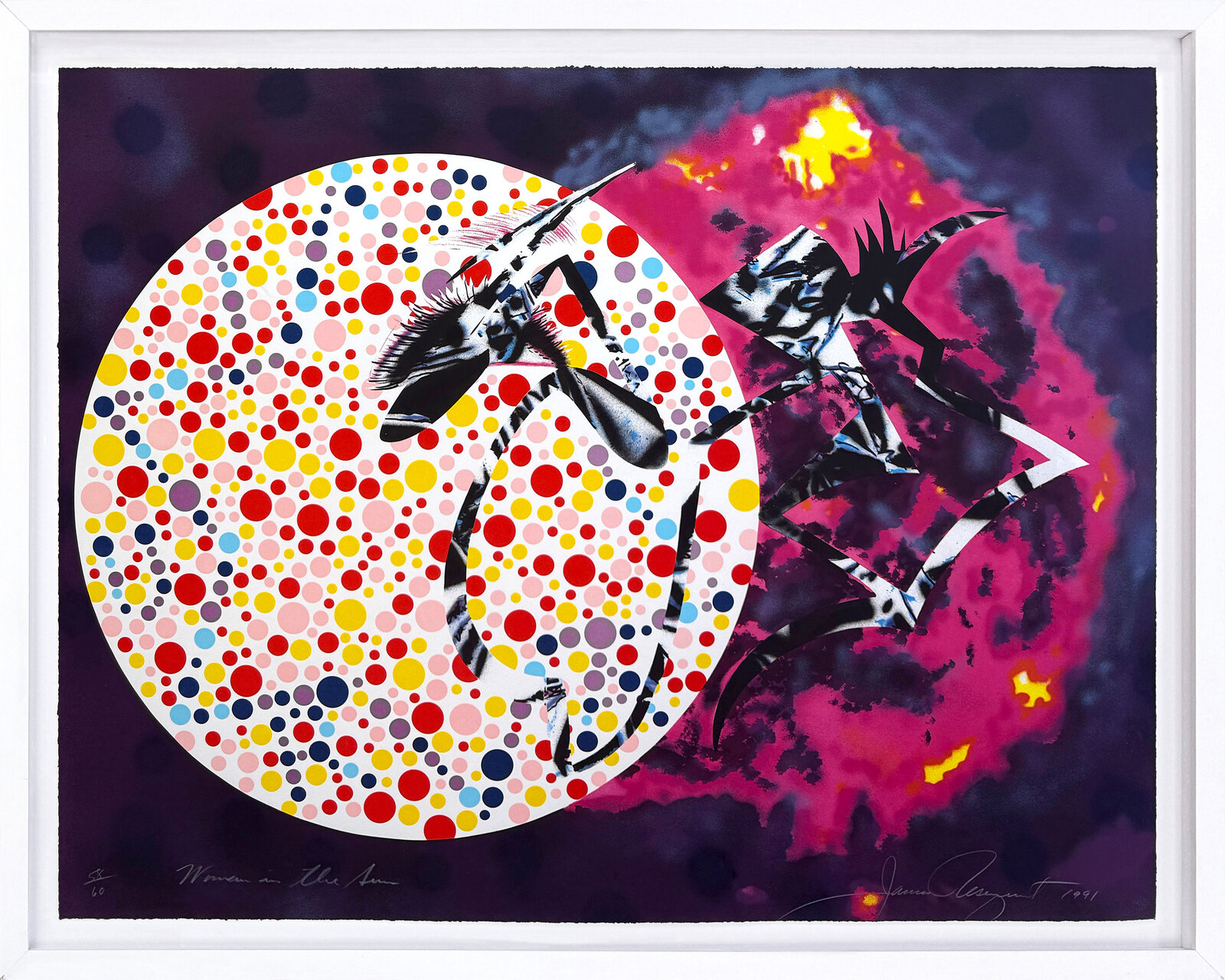 A vibrant graphic print featuring a zebra head emerging from a colorful polka-dot circle against a dark, fiery background.