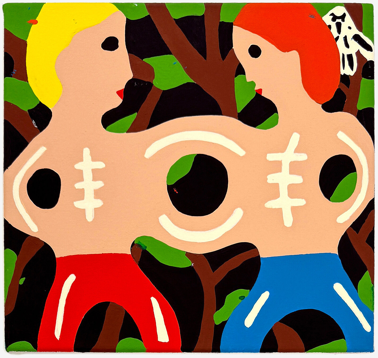 A painting of two people standing next to each other in a forest.