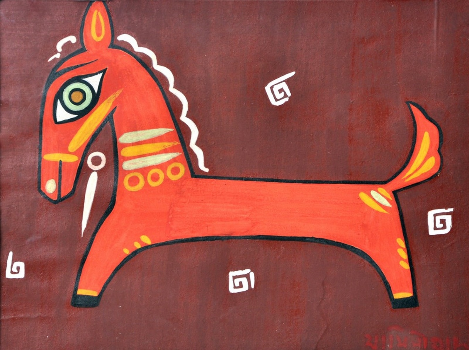 A painting of a red horse on a brown background.