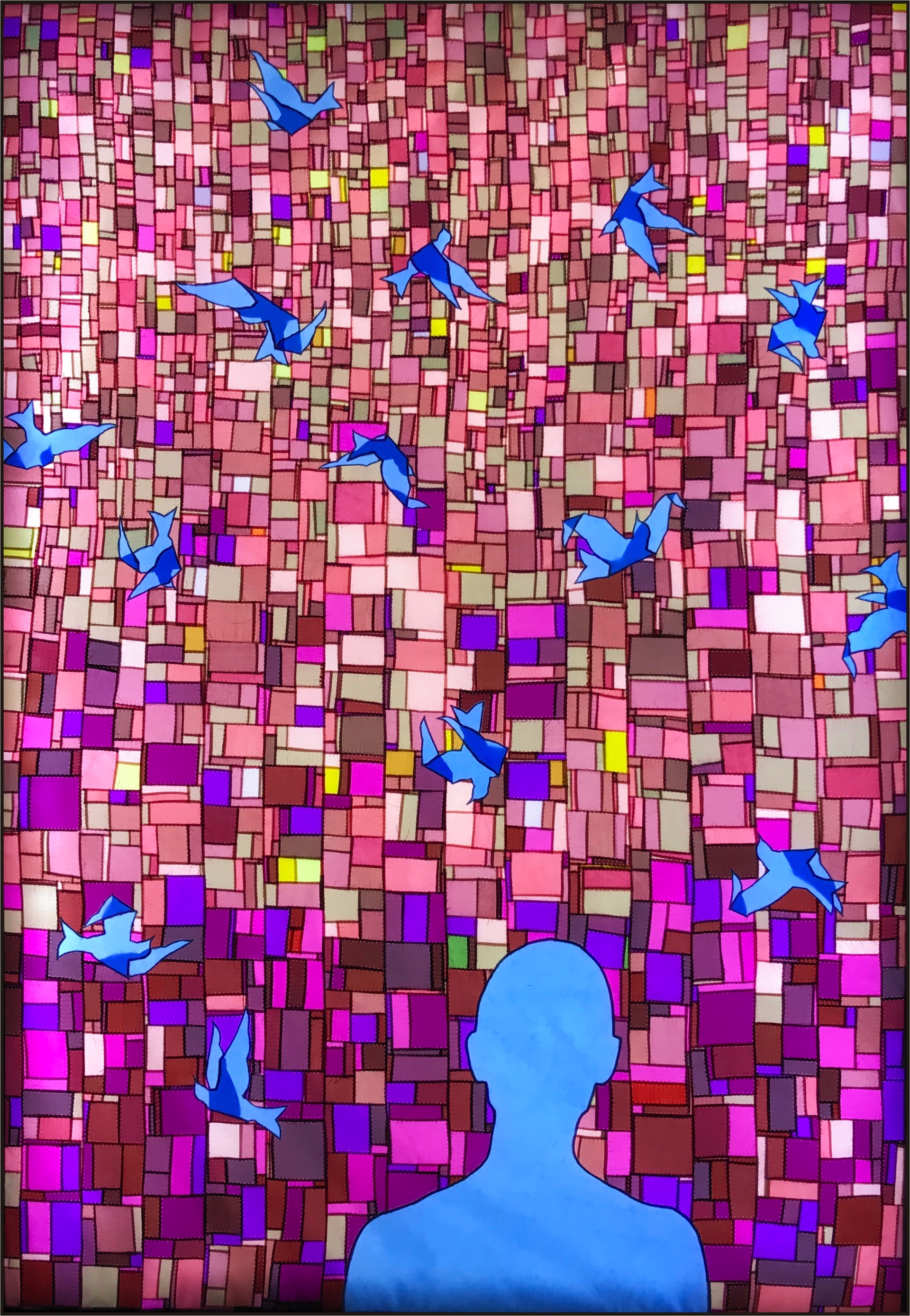 A painting of a person standing in front of a mosaic wall with birds flying around.