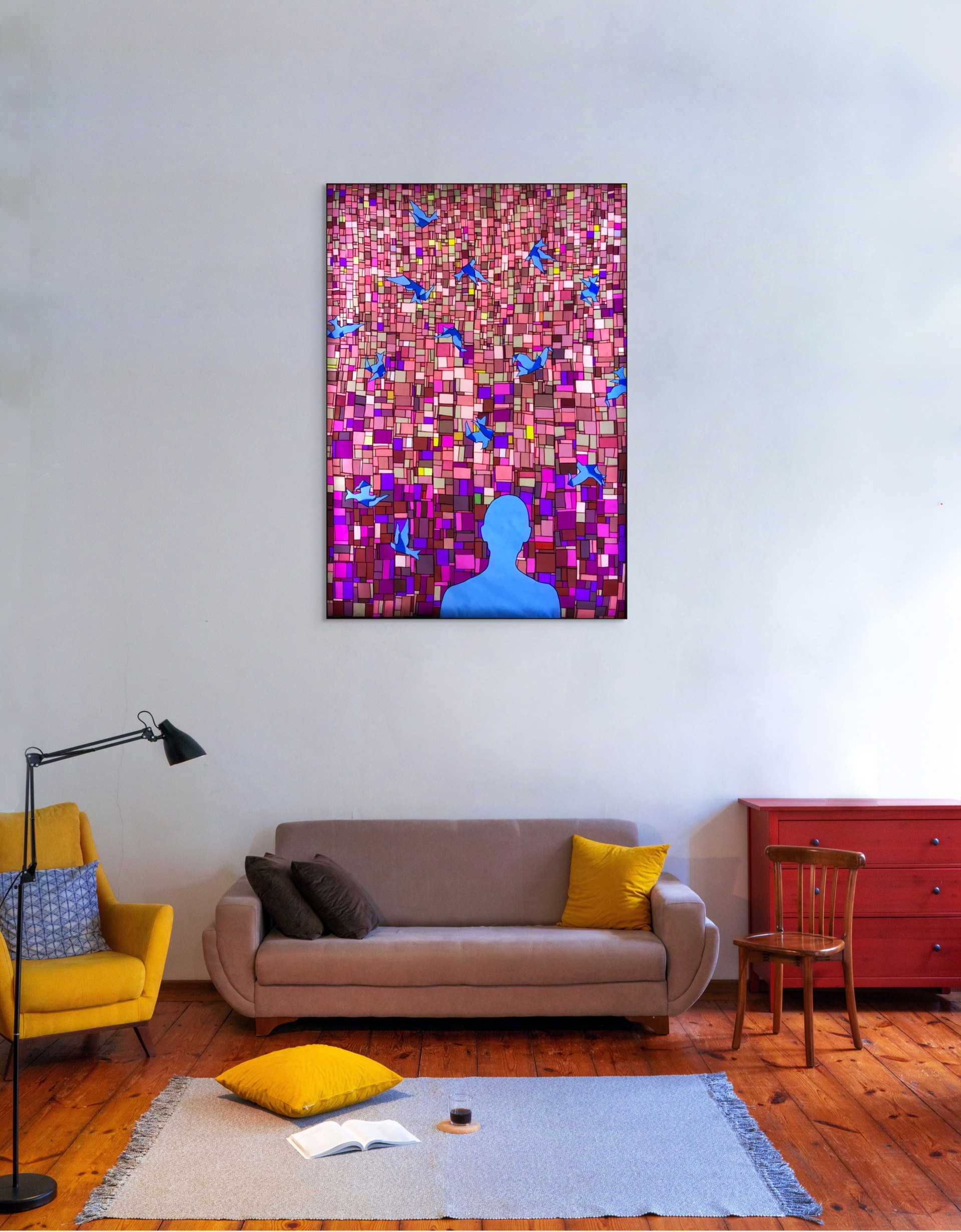 A painting of a person standing in front of a mosaic wall with birds flying around.