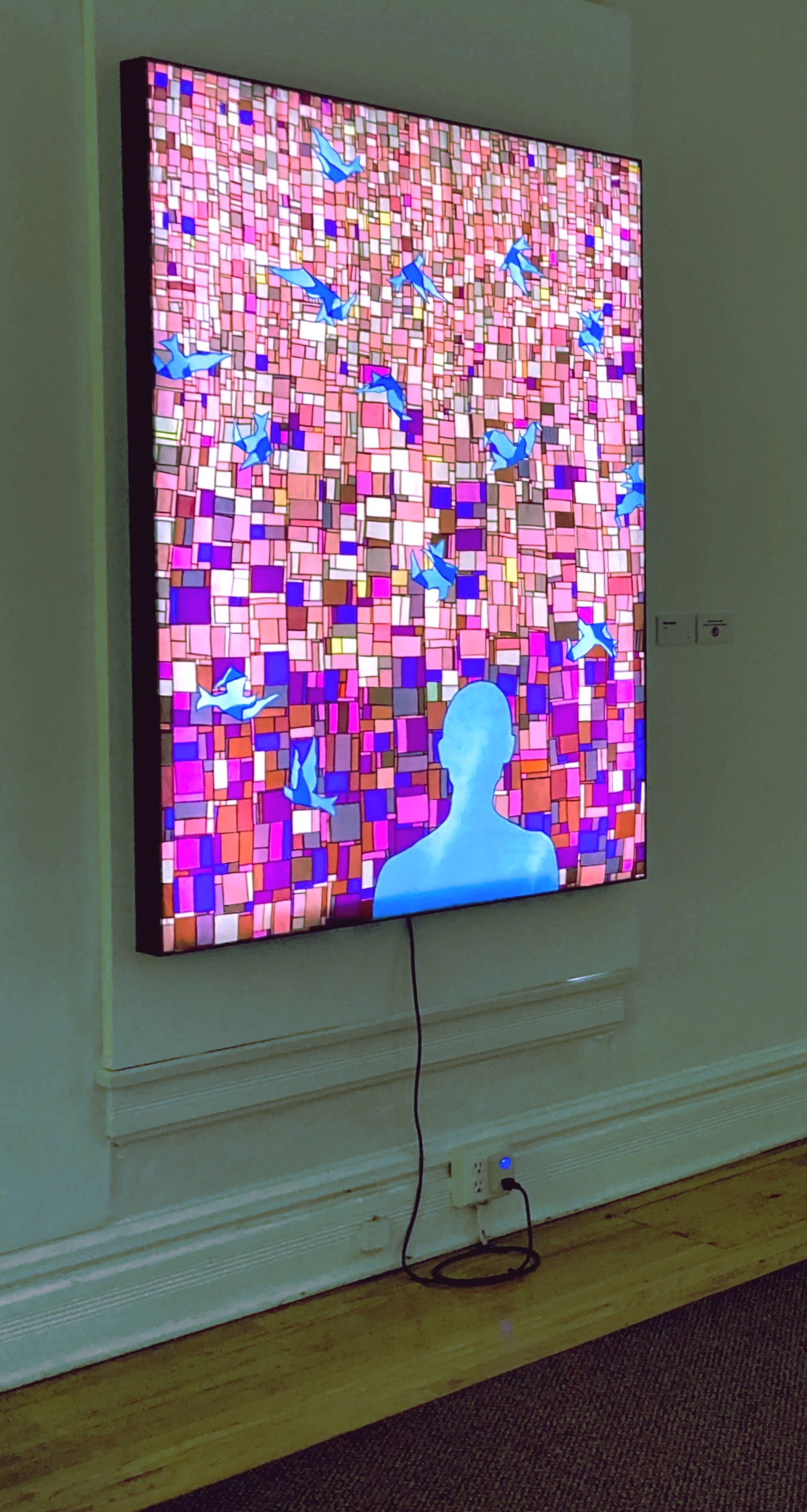 A painting of a person standing in front of a mosaic wall with birds flying around.