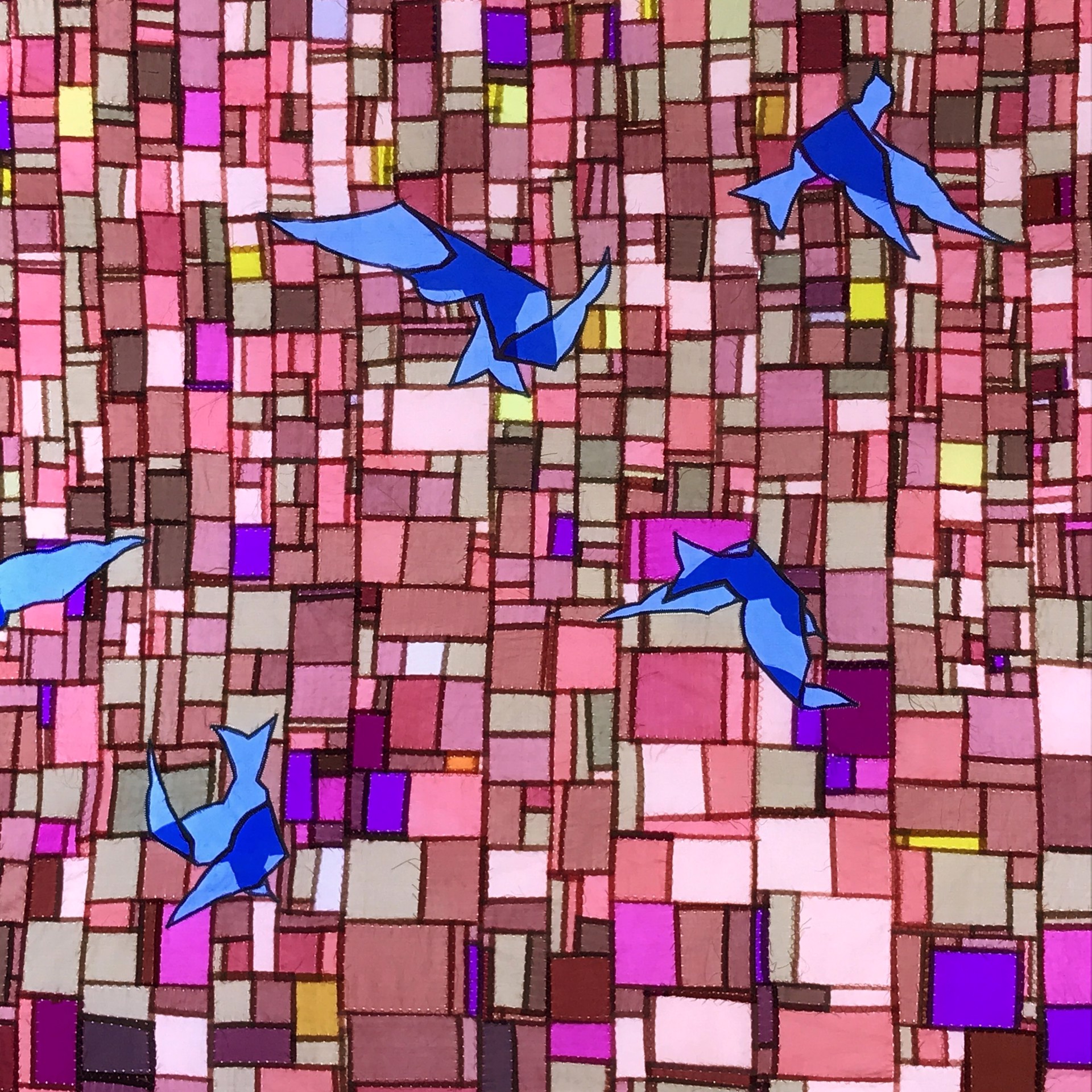 A painting of a person standing in front of a mosaic wall with birds flying around.