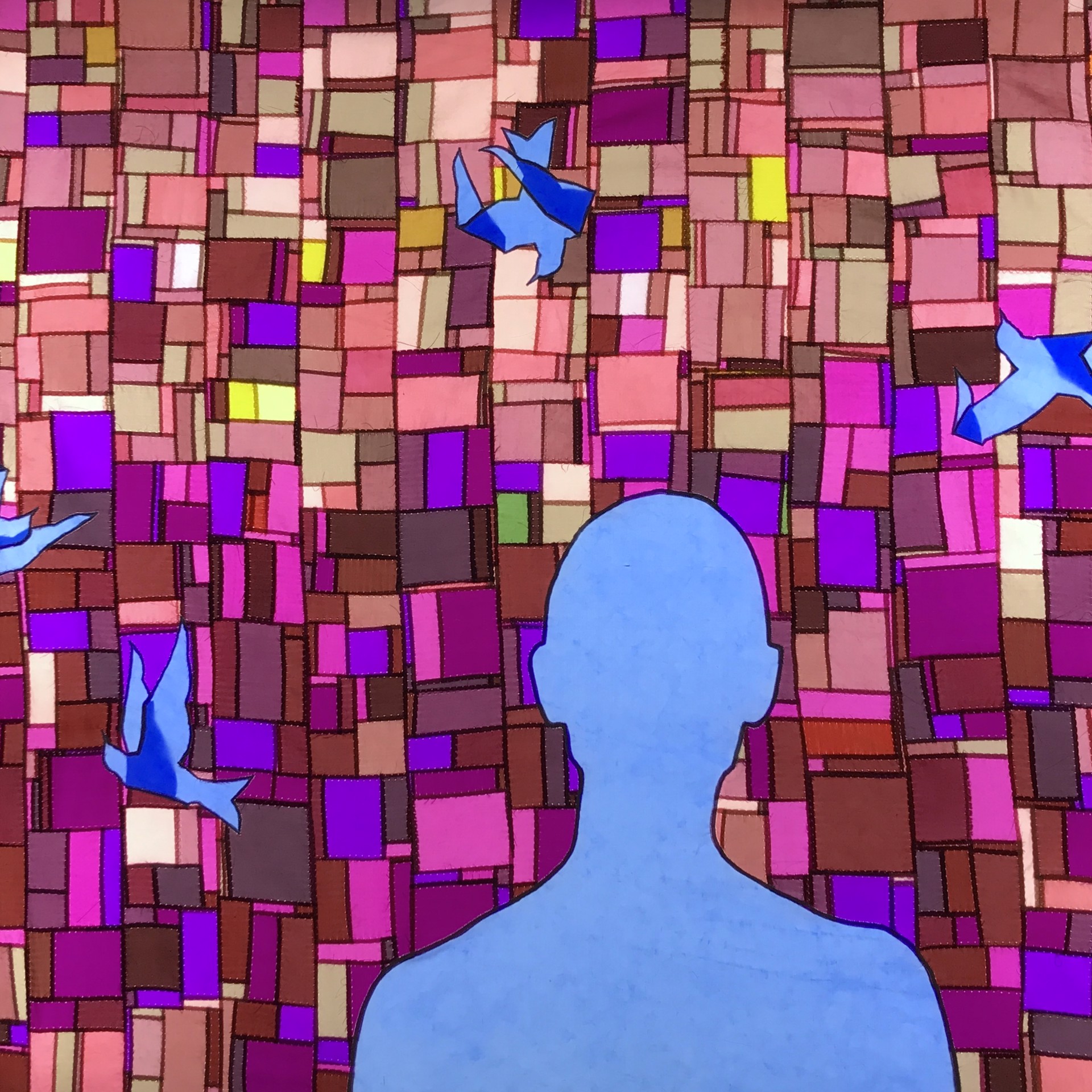 A painting of a person standing in front of a mosaic wall with birds flying around.