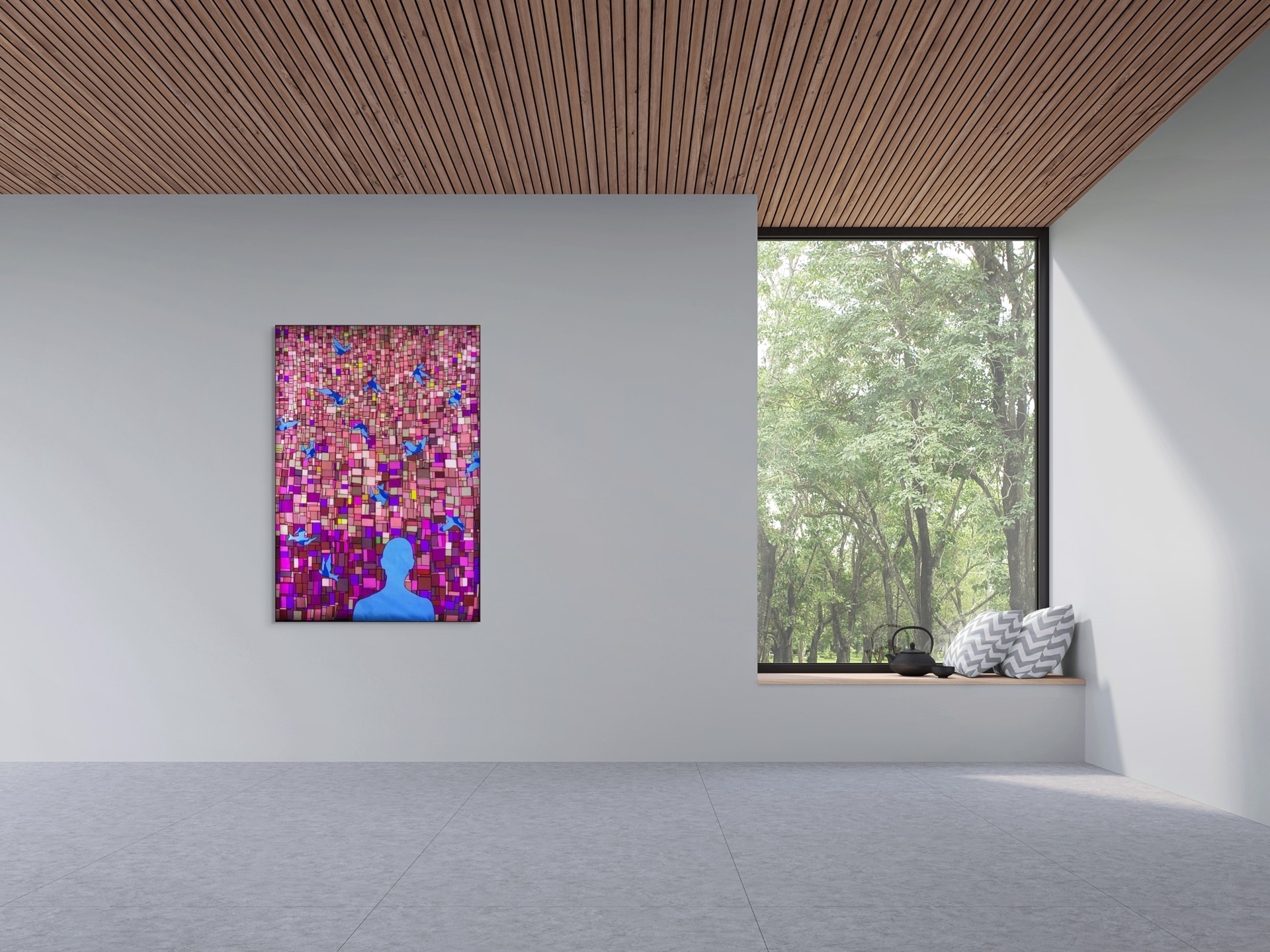 A painting of a person standing in front of a mosaic wall with birds flying around.