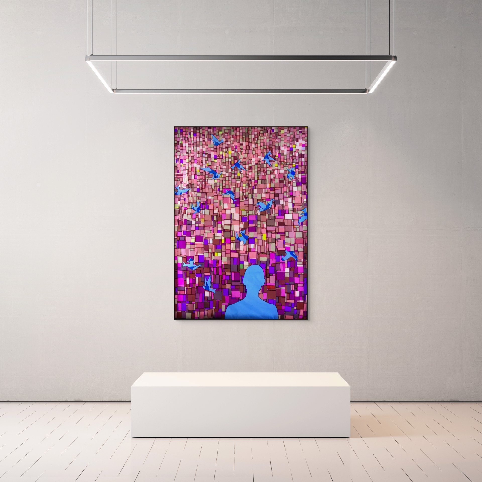 A painting of a person standing in front of a mosaic wall with birds flying around.
