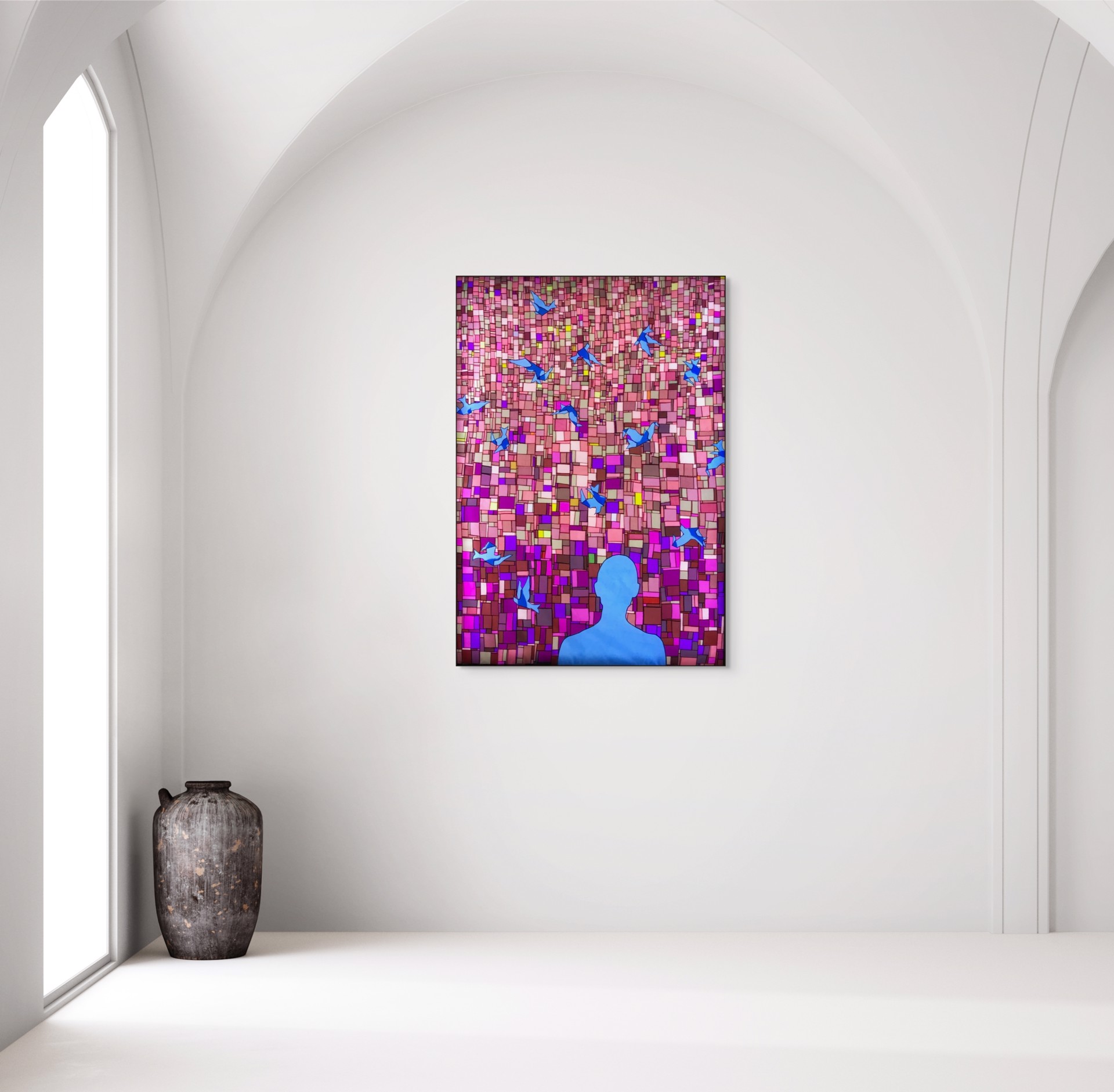 A painting of a person standing in front of a mosaic wall with birds flying around.