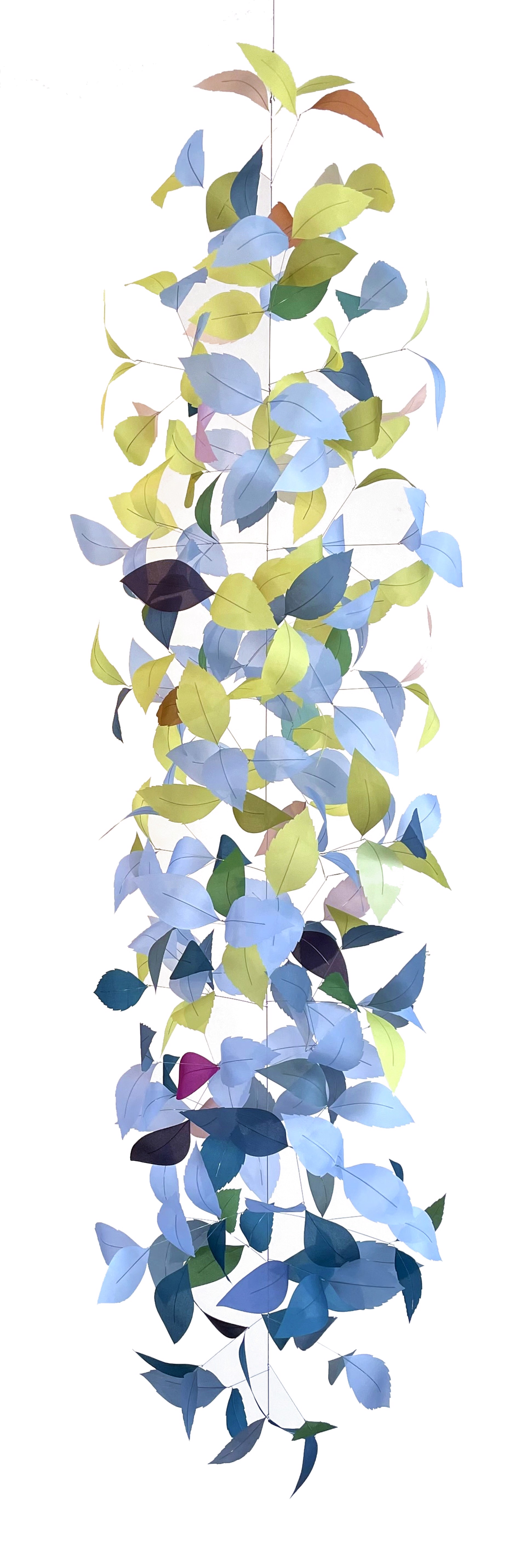 A bunch of blue and green leaves hanging from a string.