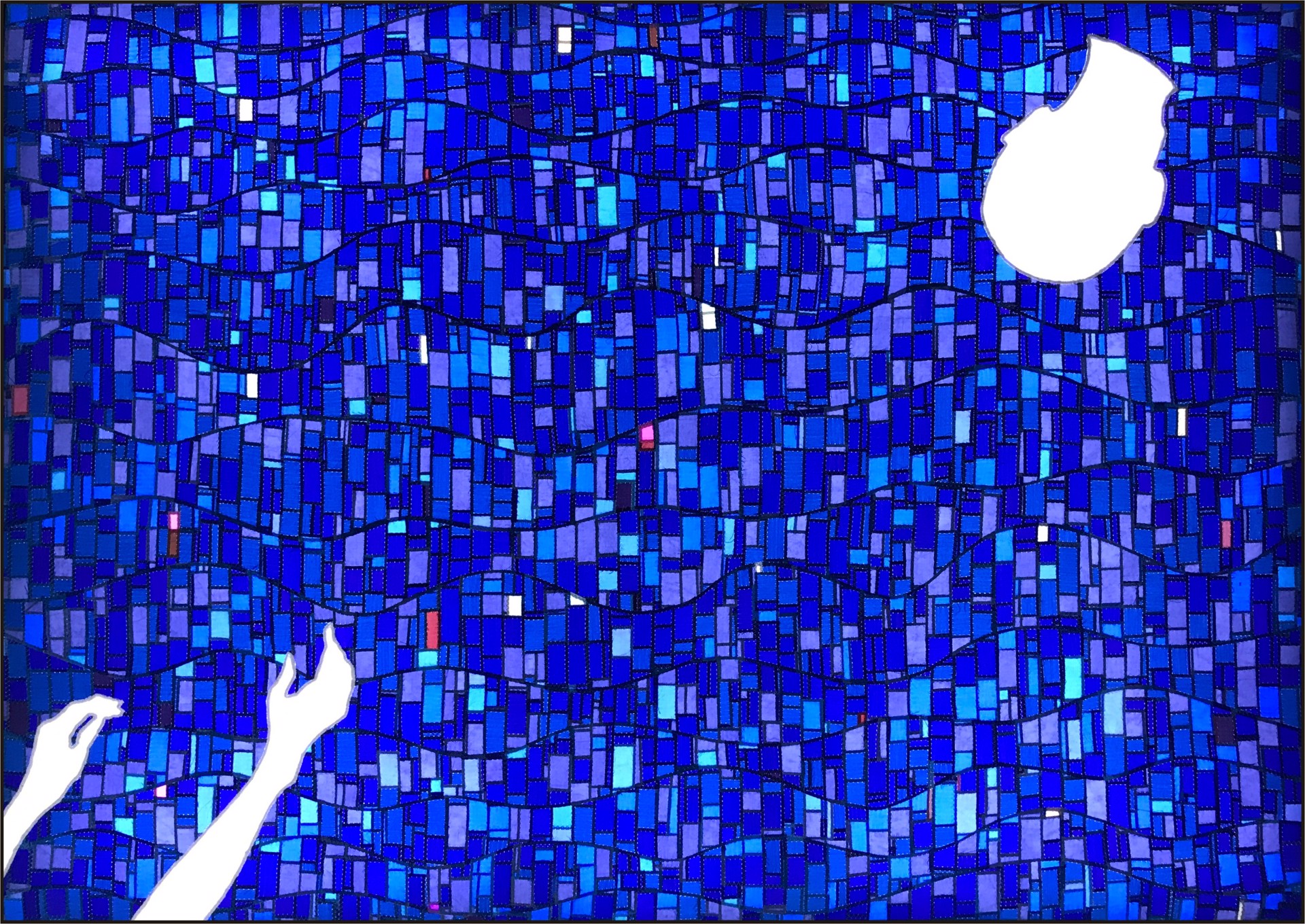 A blue mosaic tile wall with two hands reaching up to the sky.