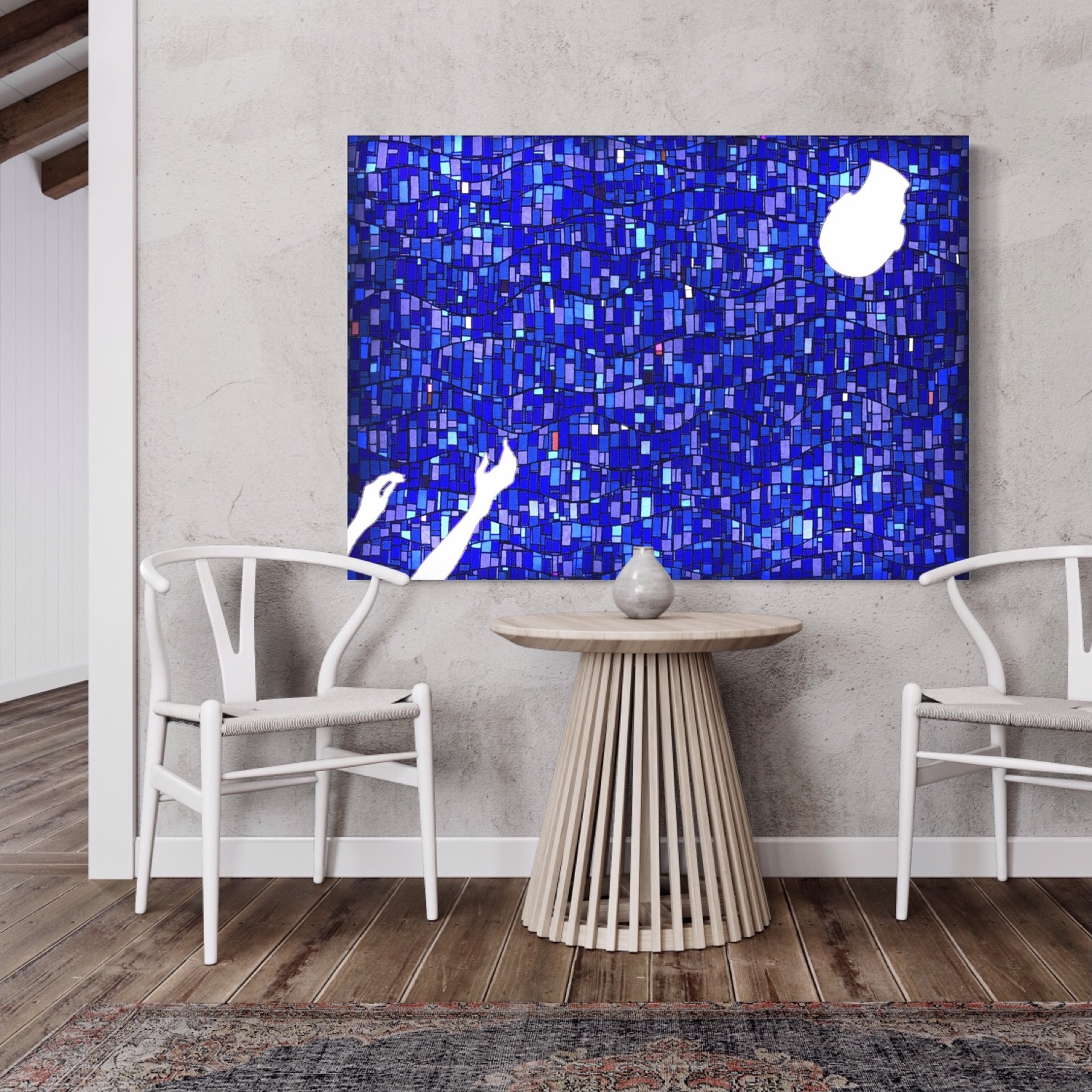 A blue mosaic tile wall with two hands reaching up to the sky.