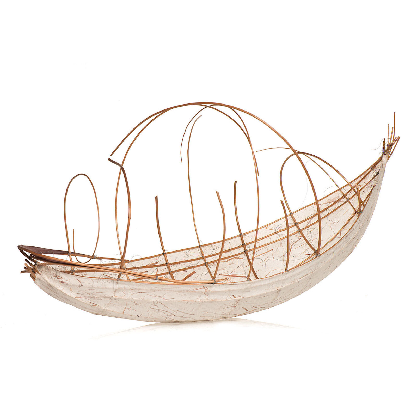 A sculptural vessel with a curved white base and an intricate framework of thin, brown, flexible rods.