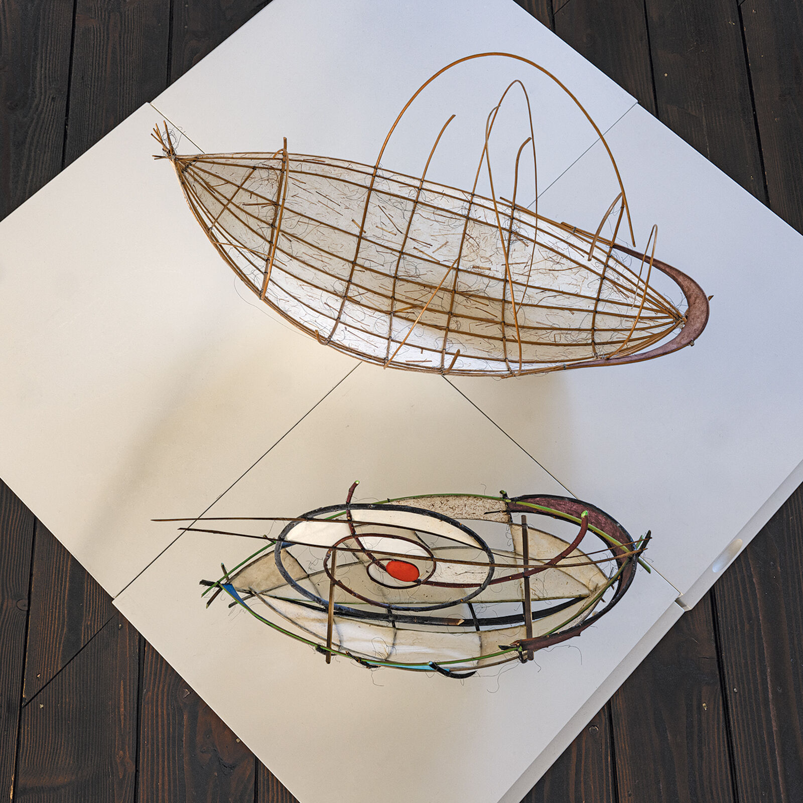 A sculptural vessel with a curved white base and an intricate framework of thin, brown, flexible rods.