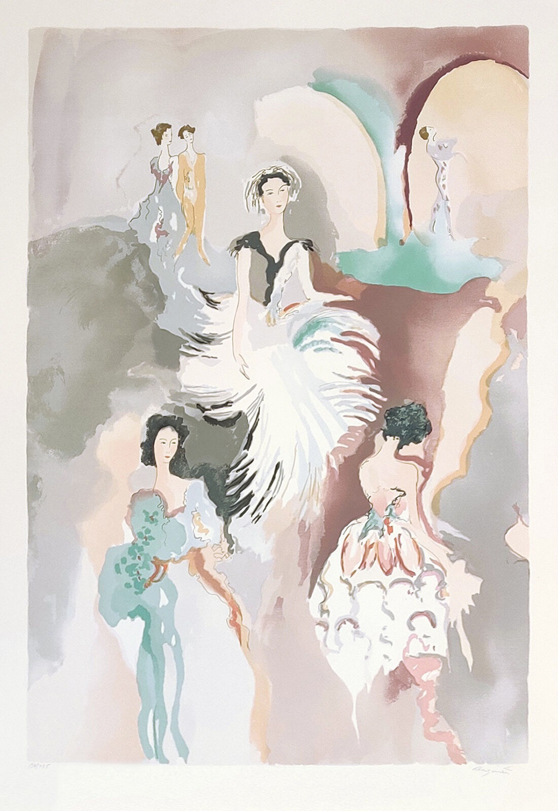 A watercolor painting of a group of women in dresses.