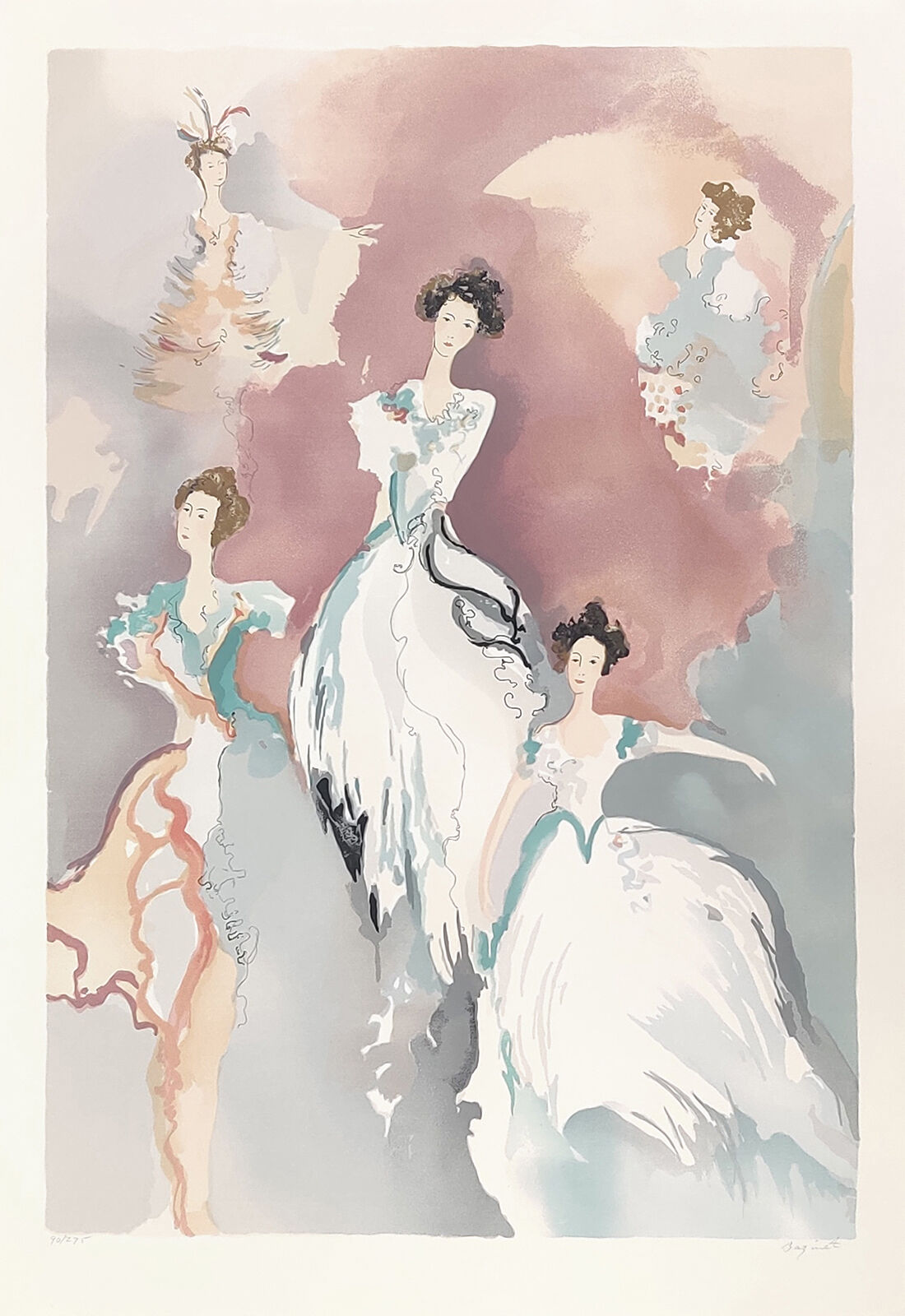 A watercolor painting of three women in dresses. 