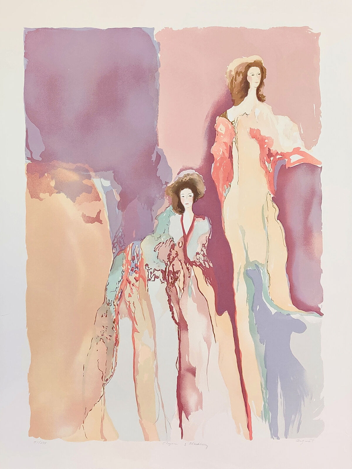 A watercolor painting of two women standing next to each other.