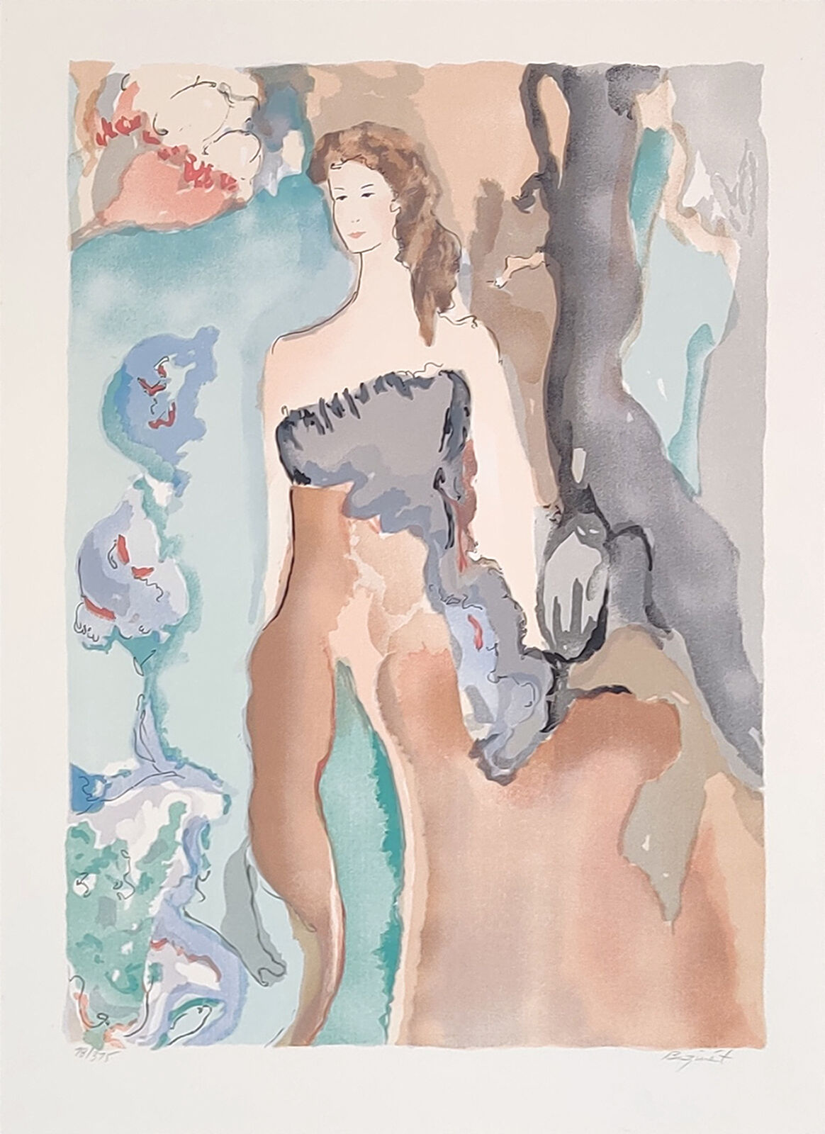 A watercolor painting of a woman in a bathing suit.