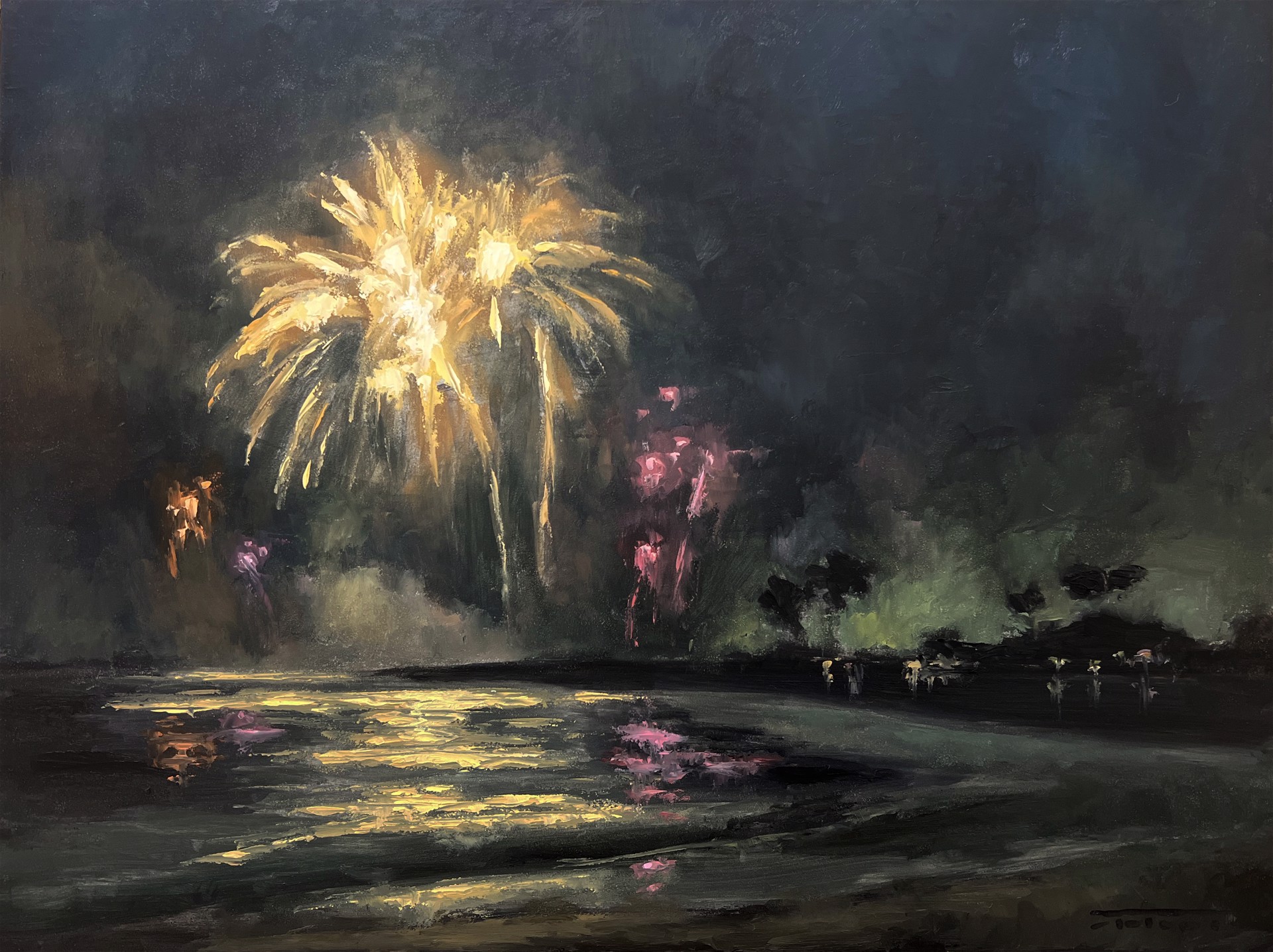 A painting of fireworks in the night sky over a body of water.
