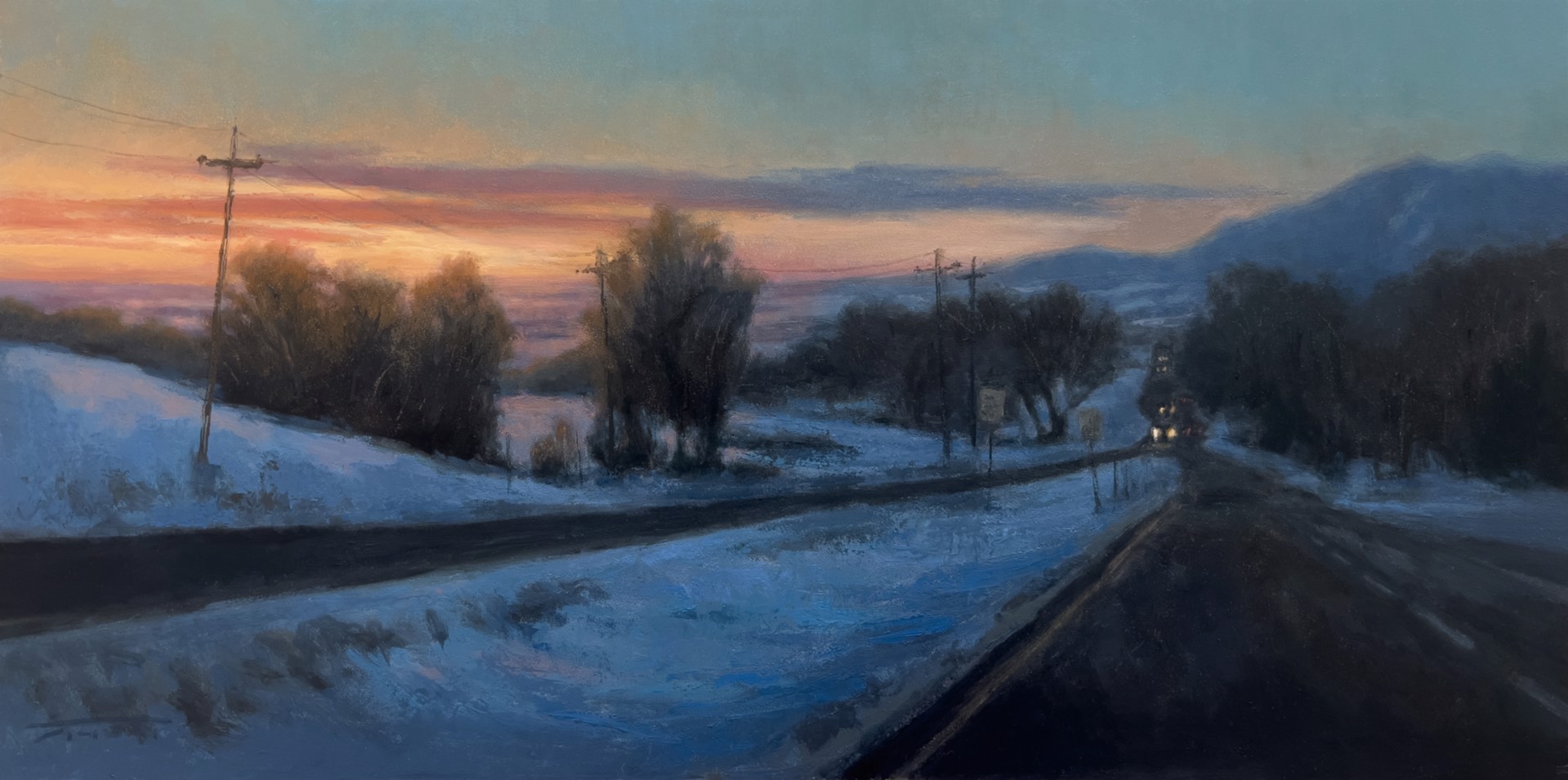 A painting of a snowy landscape with a sunset in the background.