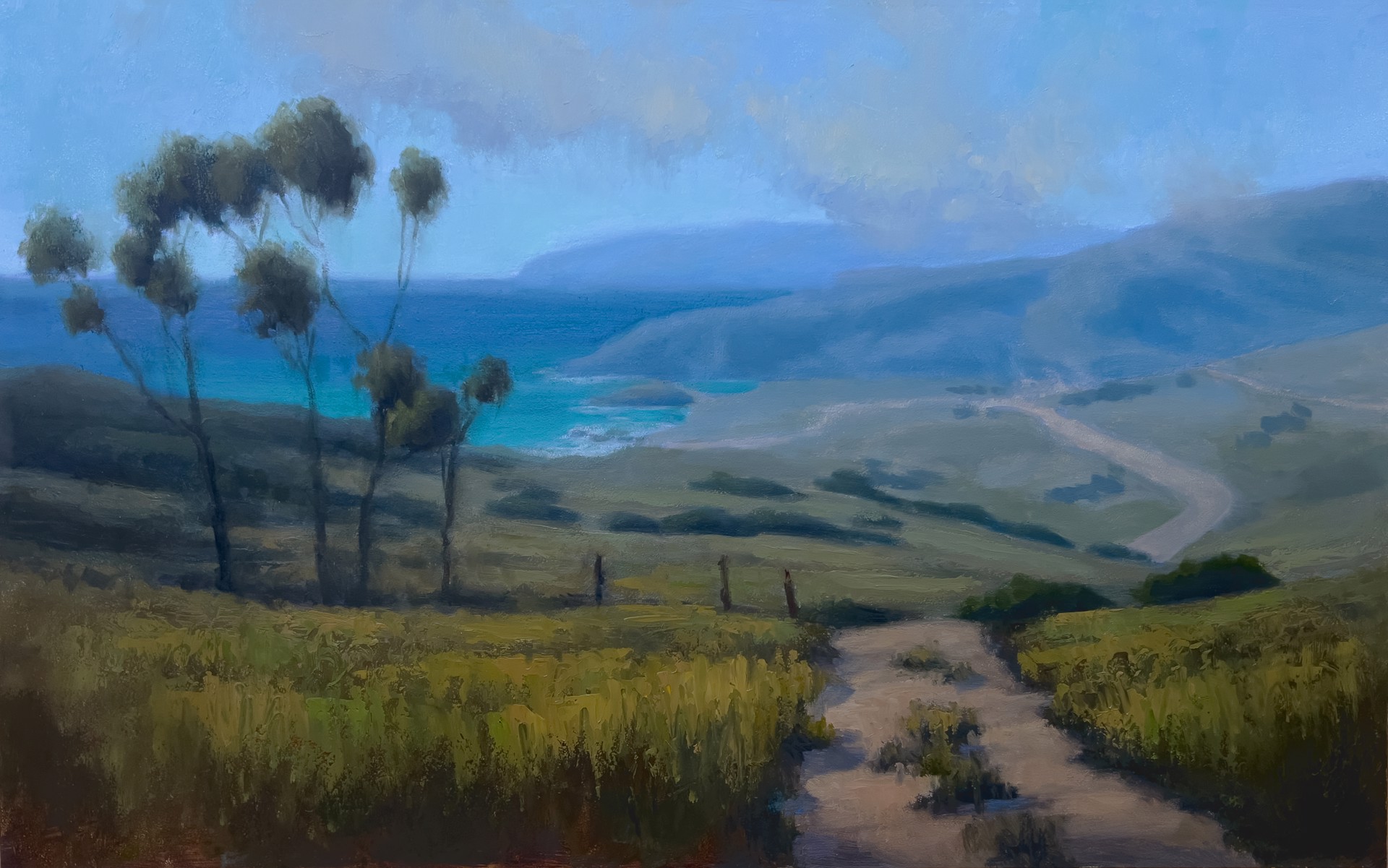 A painting of a dirt road leading to the ocean.